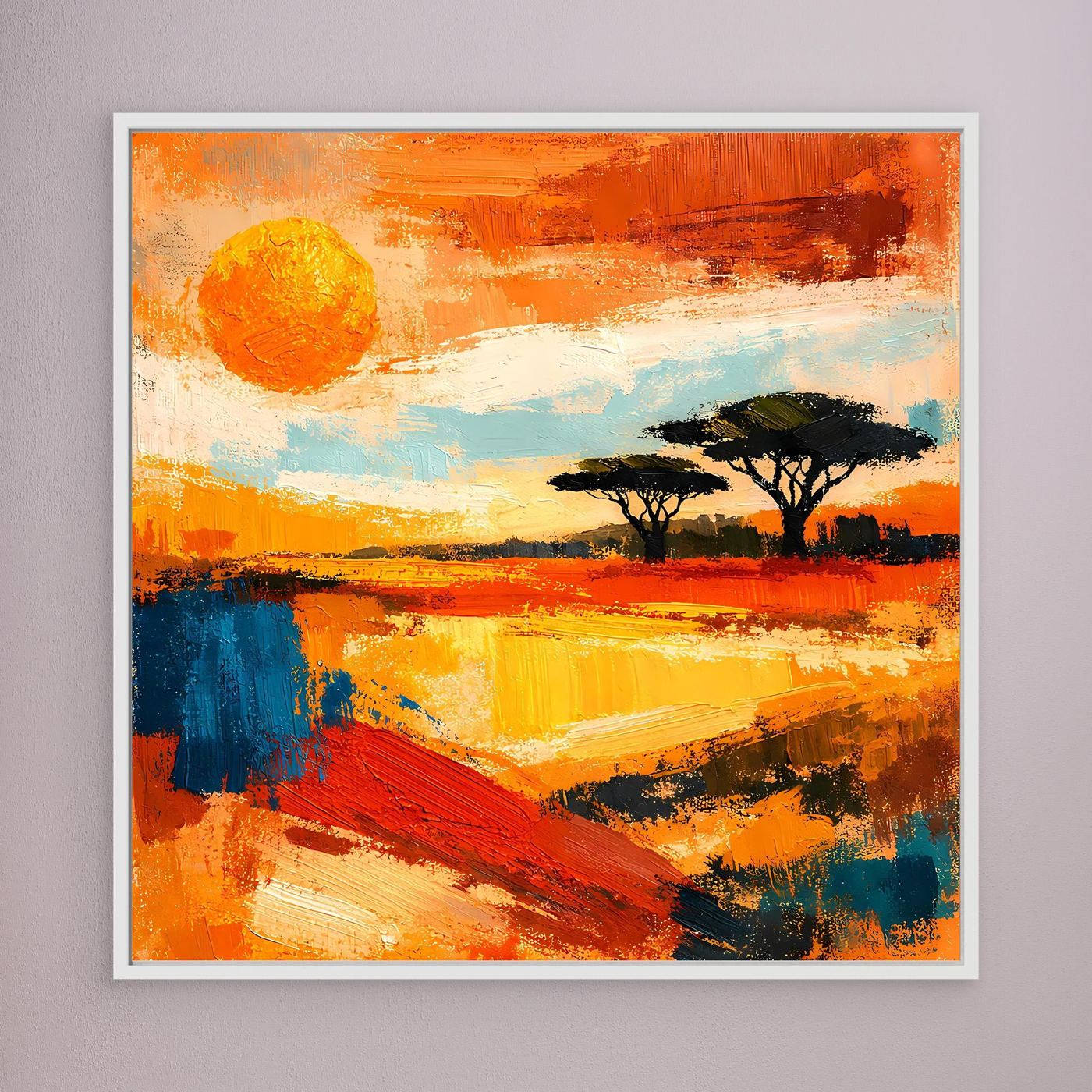 Abstract savanna sunset canvas wall art with white border and painted landscape horizon.