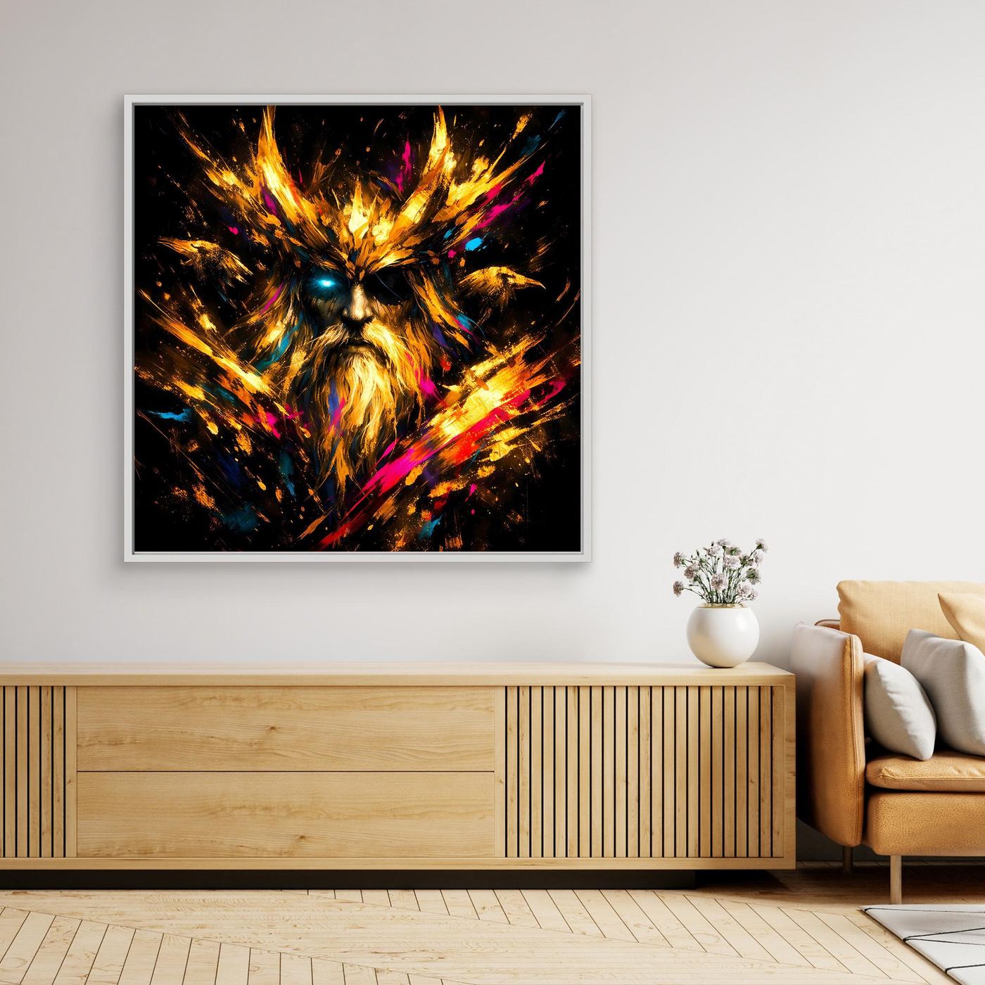 Leinwand Goldener Odin der Allvater mit Raben | Modernes Nordisches Mythologie Wandbild