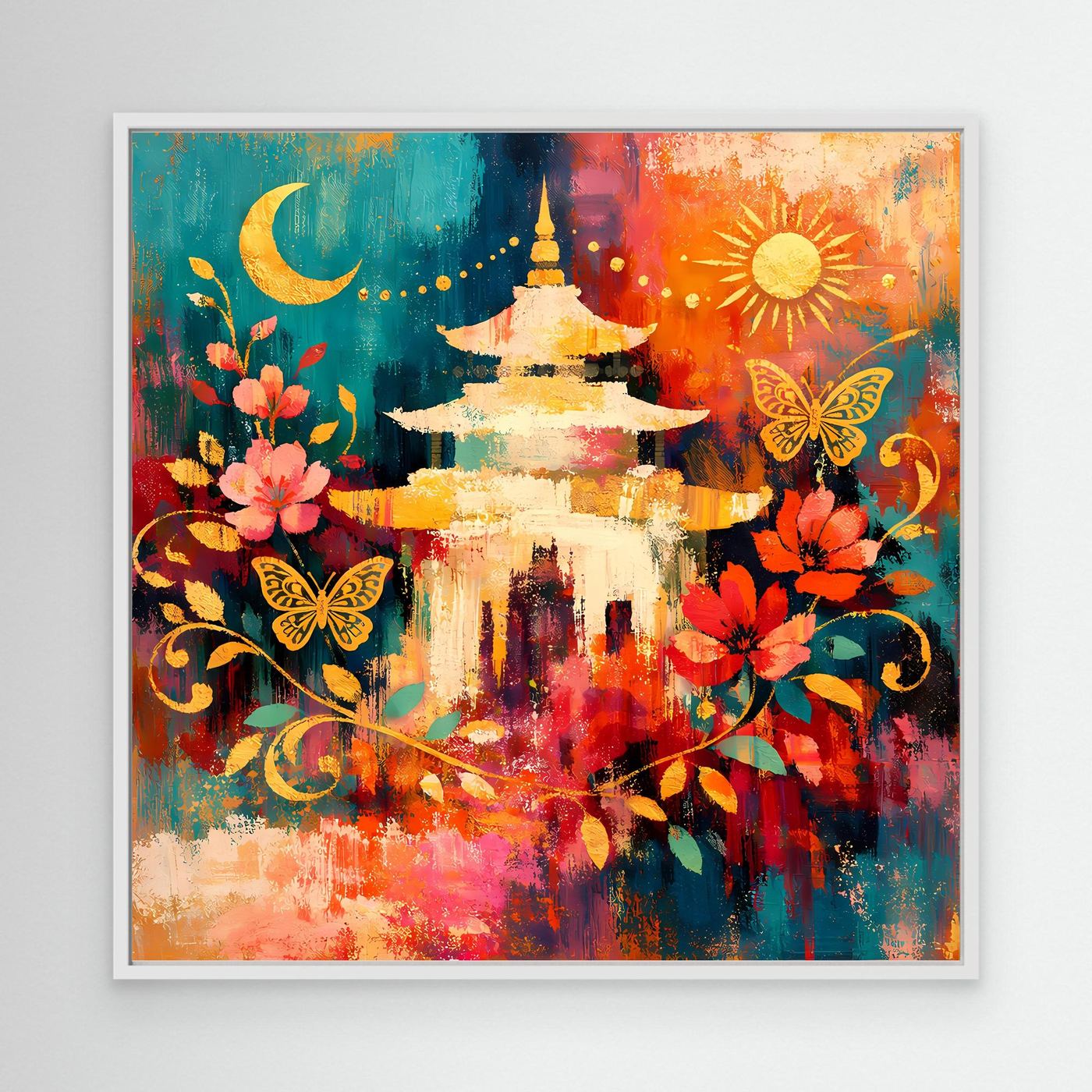 Wandbild mit goldener Pagode, Mond, Sonne, Blumen und Schmetterlingen im weißem Rahmen