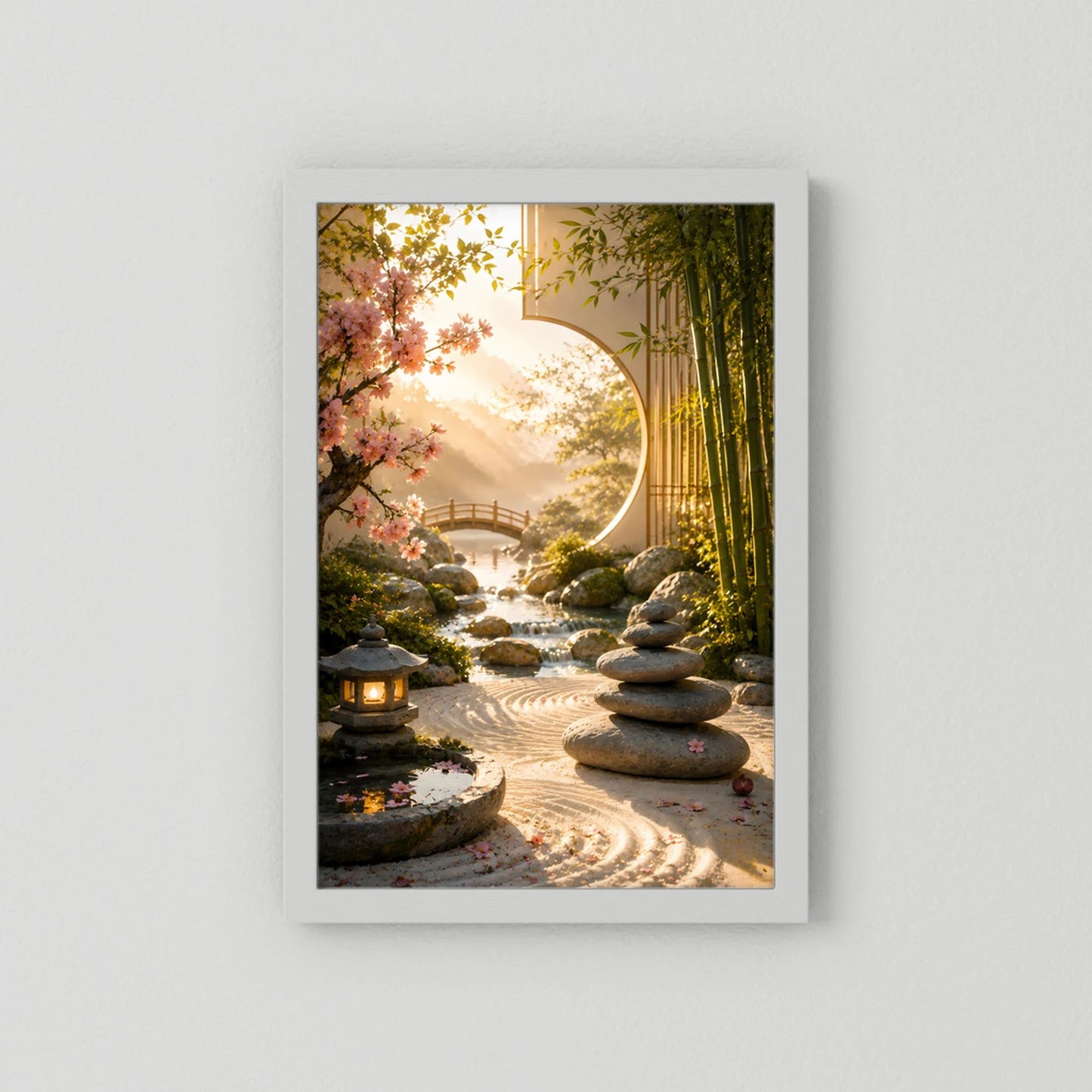 Hochformat-Poster Zen-Garten ohne Rahmen: Bambus, Kirschblüten, Kiesweg und Steinlaterne