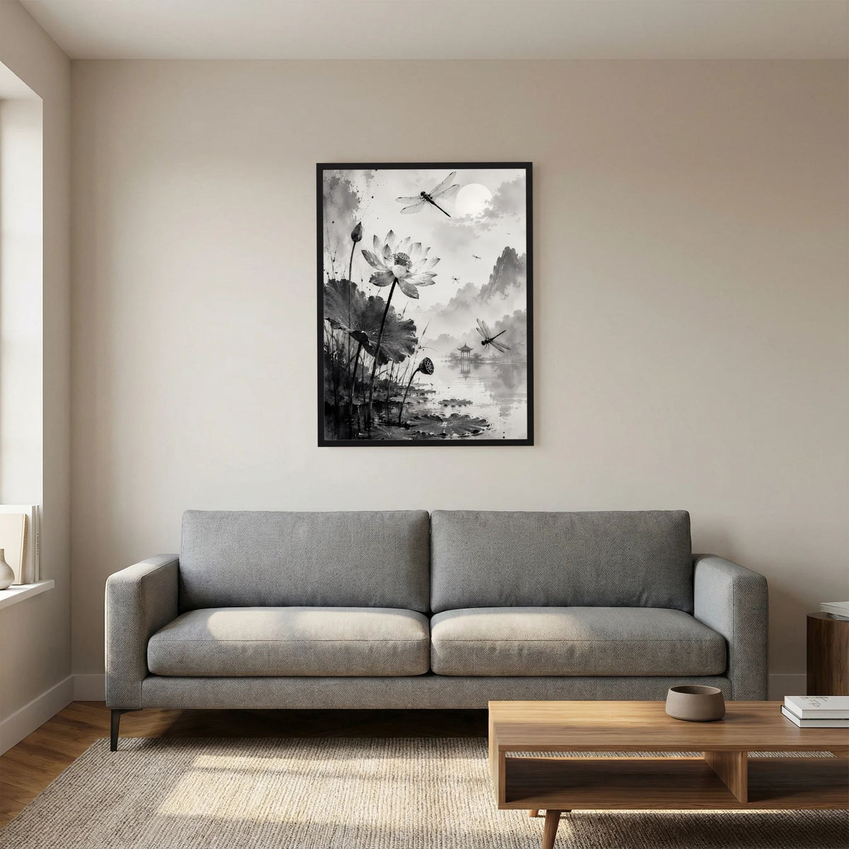 Hochformatiges Poster mit Lotusblüten und Libellen in Schwarzweiß, schwarz gerahmt