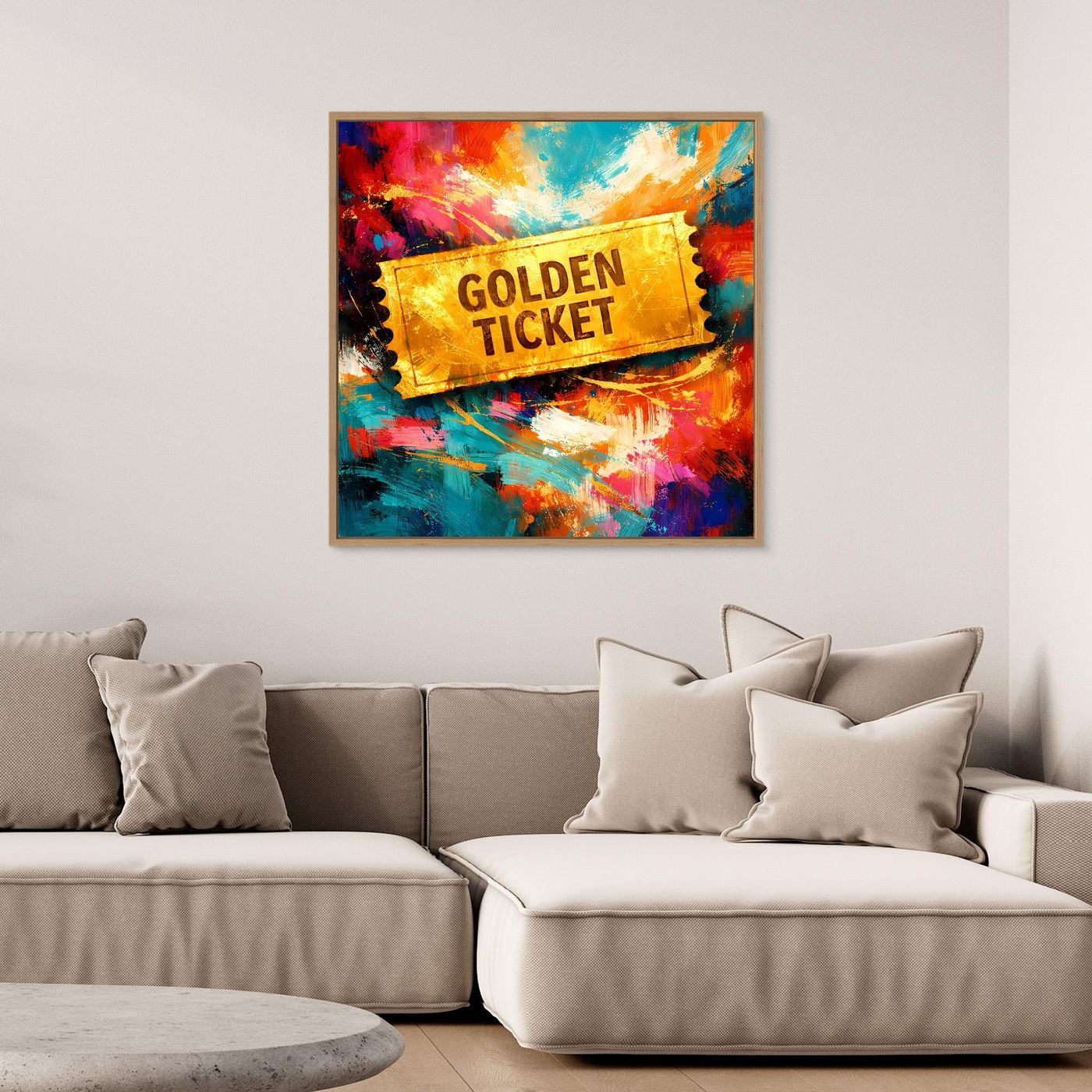 Gerahmtes abstraktes Leinwandbild mit goldenem „Golden Ticket“-Schriftzug und bunten Flecken