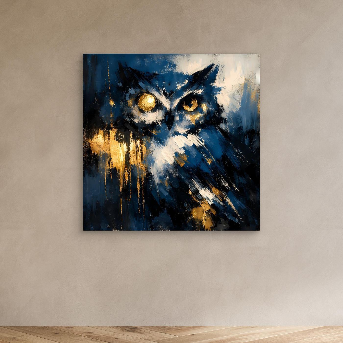 Leinwand-Wandbild mit abstrakter Eule in Blau und Gold, ohne Rahmen