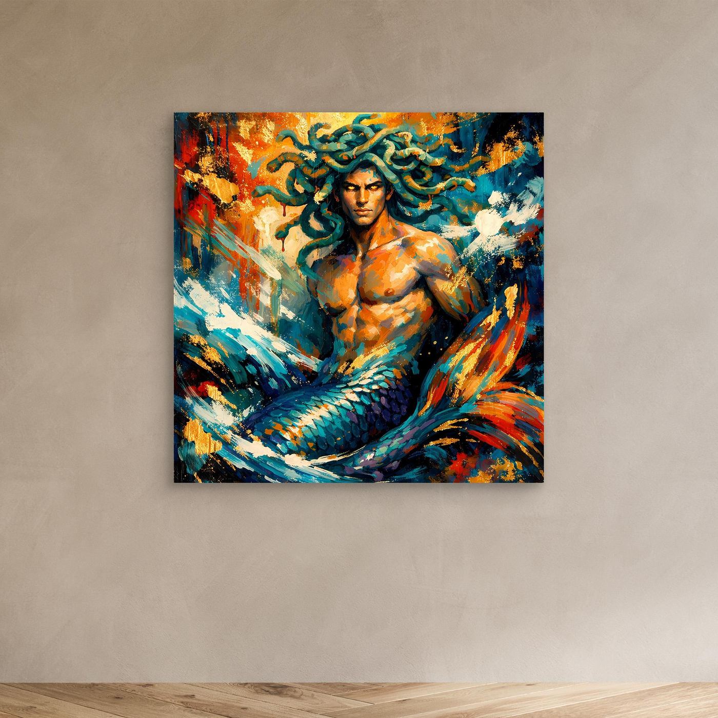 Leinwandbild Meermann mit Medusa-Haar, abstrakt, buntes Meerwesen, ohne Rahmen