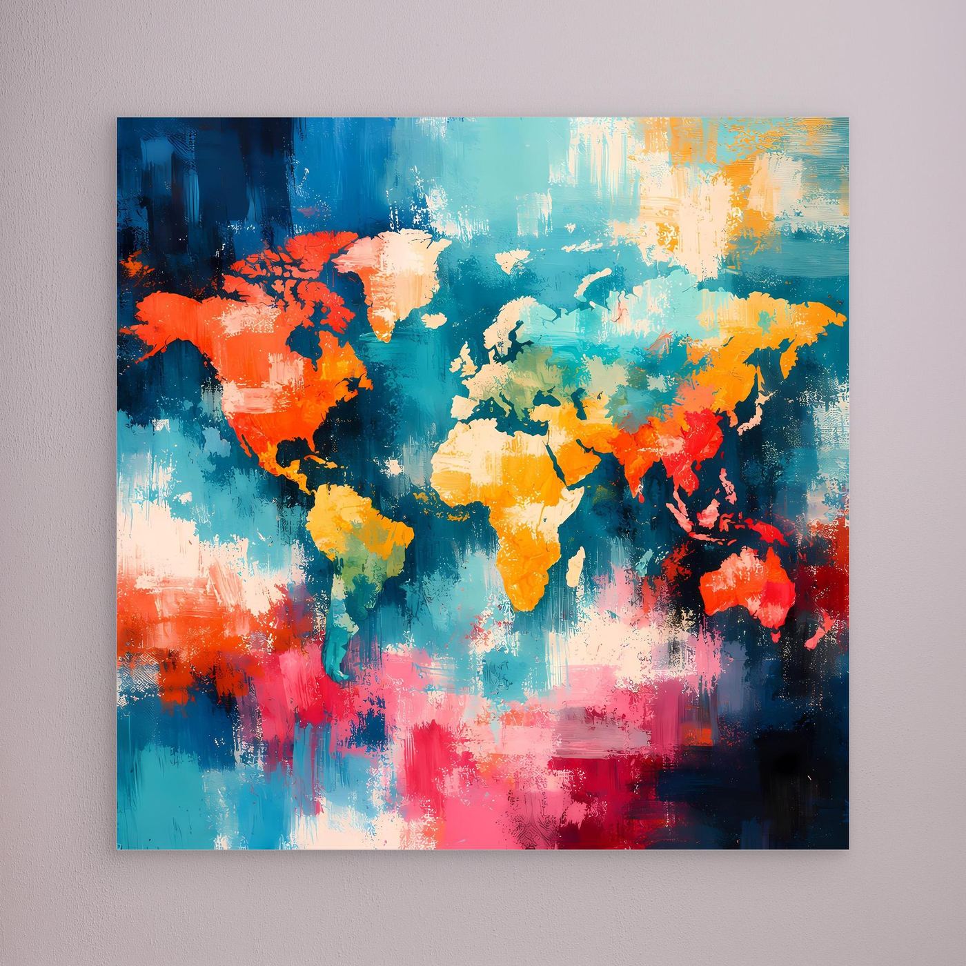 Abstract world map canvas with colorful splash-style continents, no visible frame