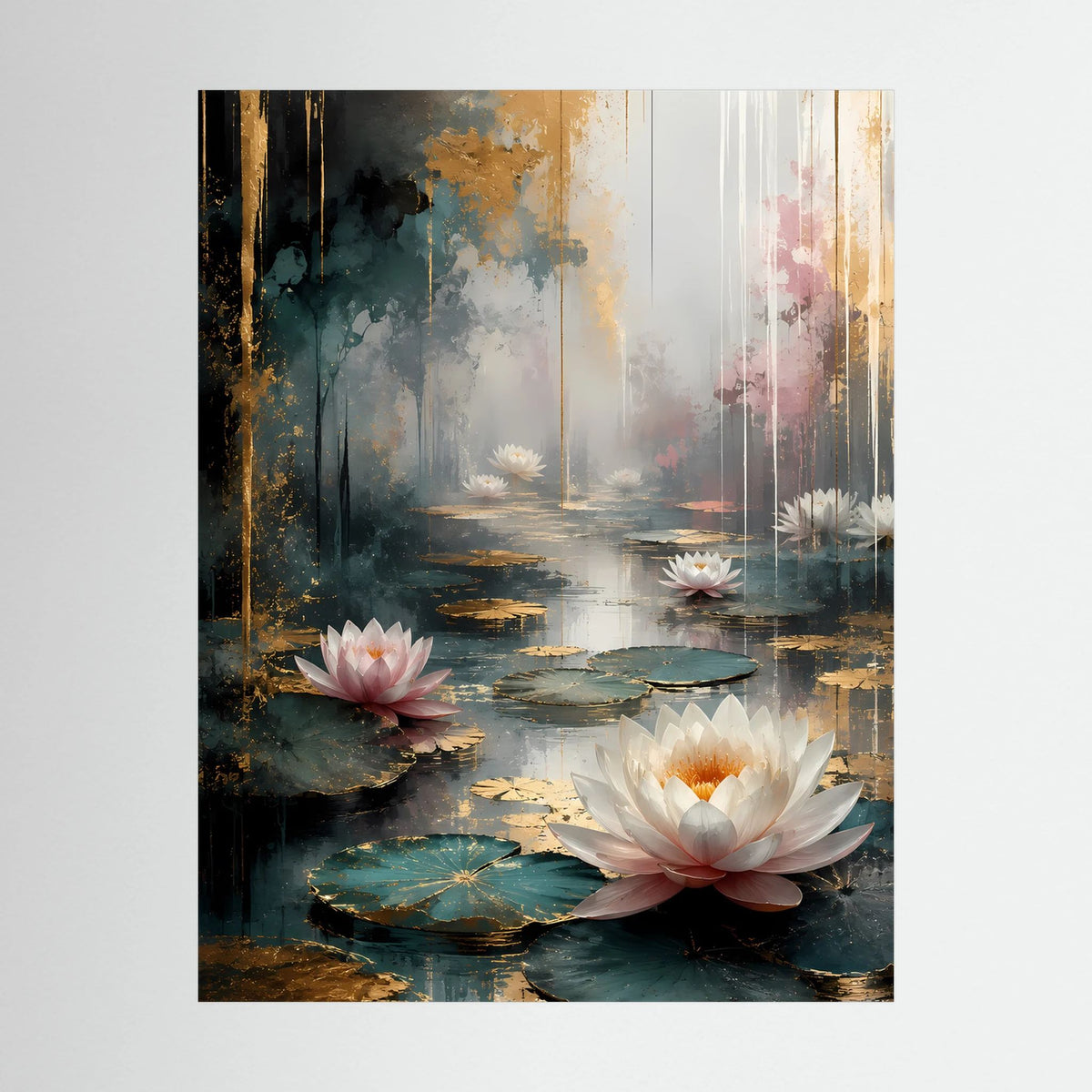 Detailansicht Hochformat-Poster: große Wasserlilien in Weiß/Rosa mit goldenen Akzenten