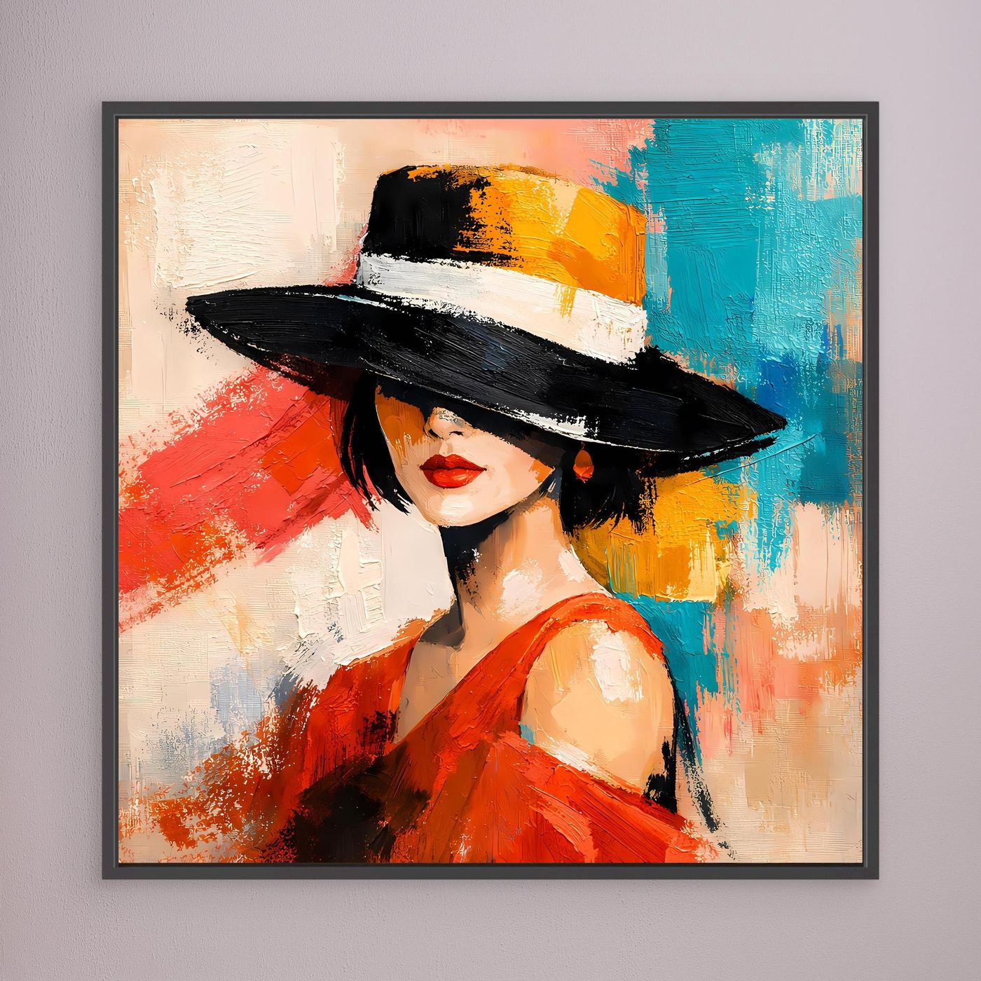 Black-framed canvas wall art of a woman in a black hat and red dress with teal highlights