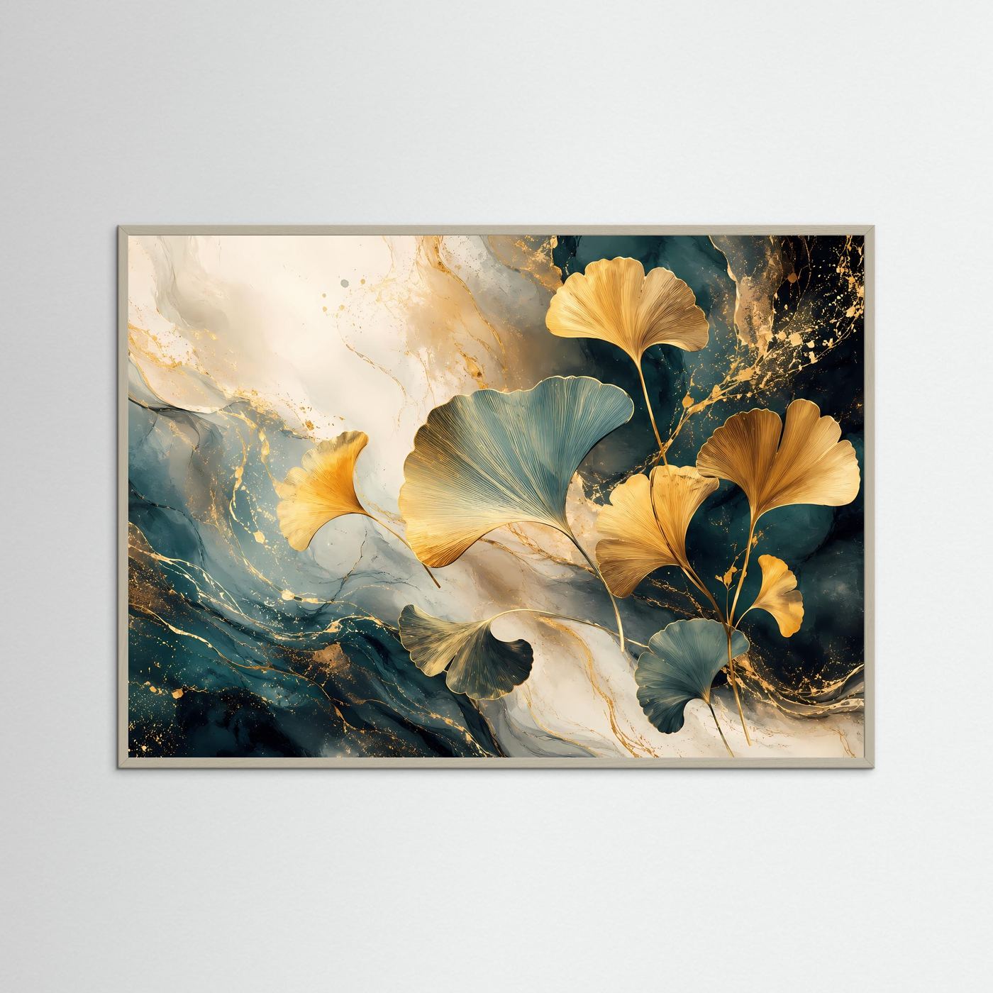 Abstrakte Ginkgo Blätter Gold Blau | Elegantes Botanik Wandbild | Luxus Naturkunst | Modernes Leinwandbild | Premium Poster