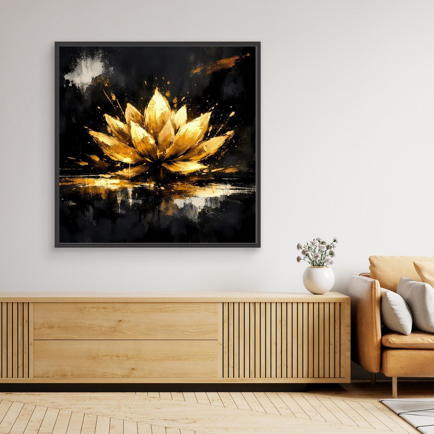 Leinwand Goldene Lotusblüte Abstrakt | Modernes Lotus Wandbild Schwarz Gold