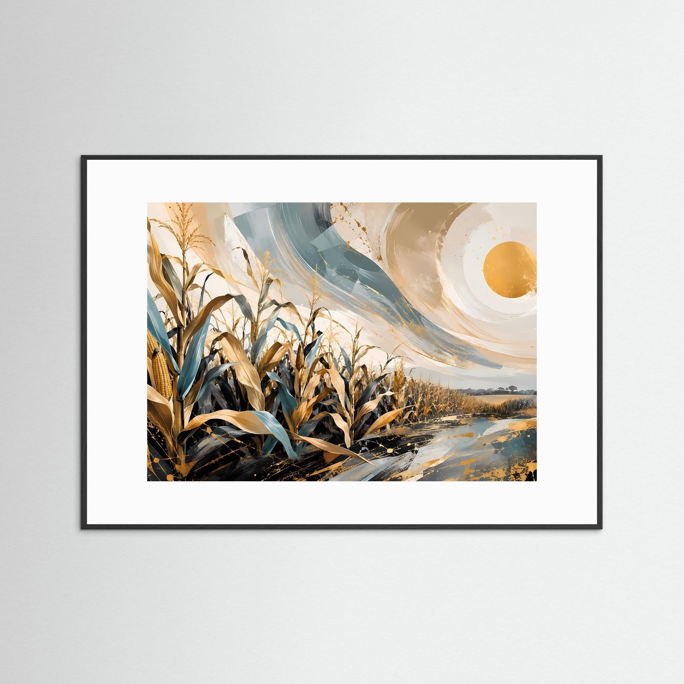 Maisfeld Poster | Abstrakte Landschaft Wandbild | Gold Blau Naturkunst | Modernes Feld Panorama | Eleganter Kunstdruck