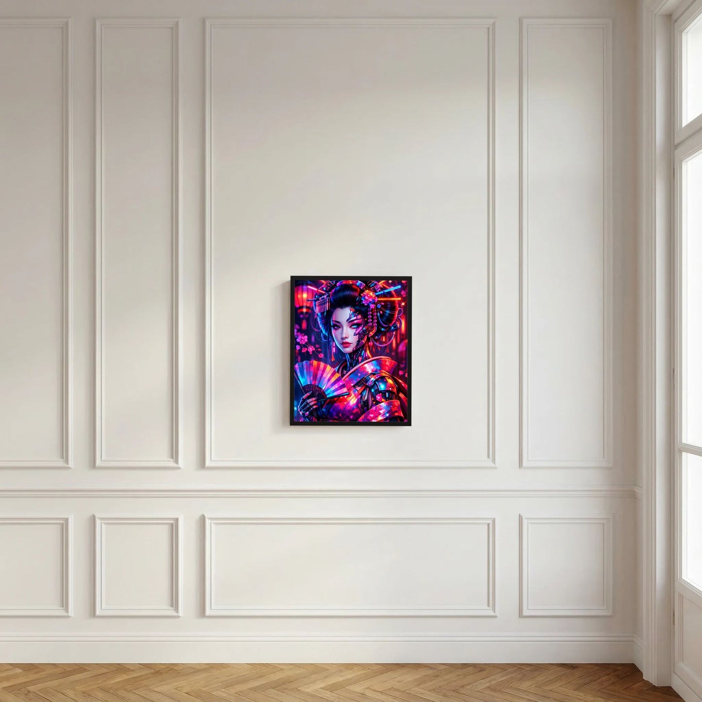 Gerahmtes Neon-Kunstposter mit Cyber-Geisha an weißen Paneelwänden