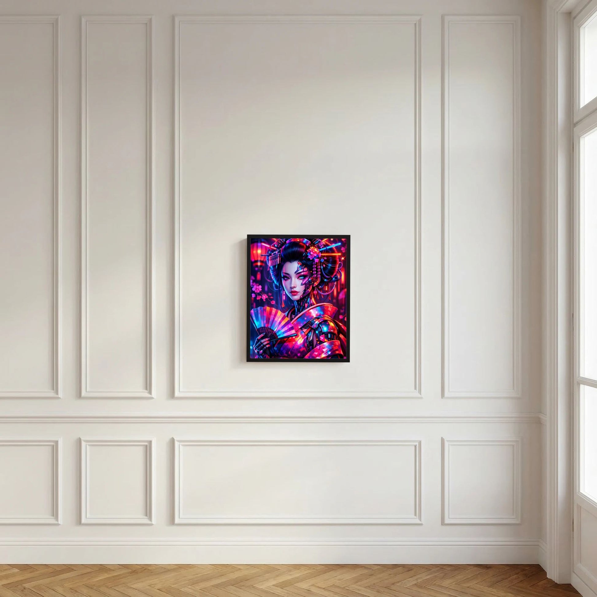Gerahmtes Neon-Kunstposter mit Cyber-Geisha an weißen Paneelwänden