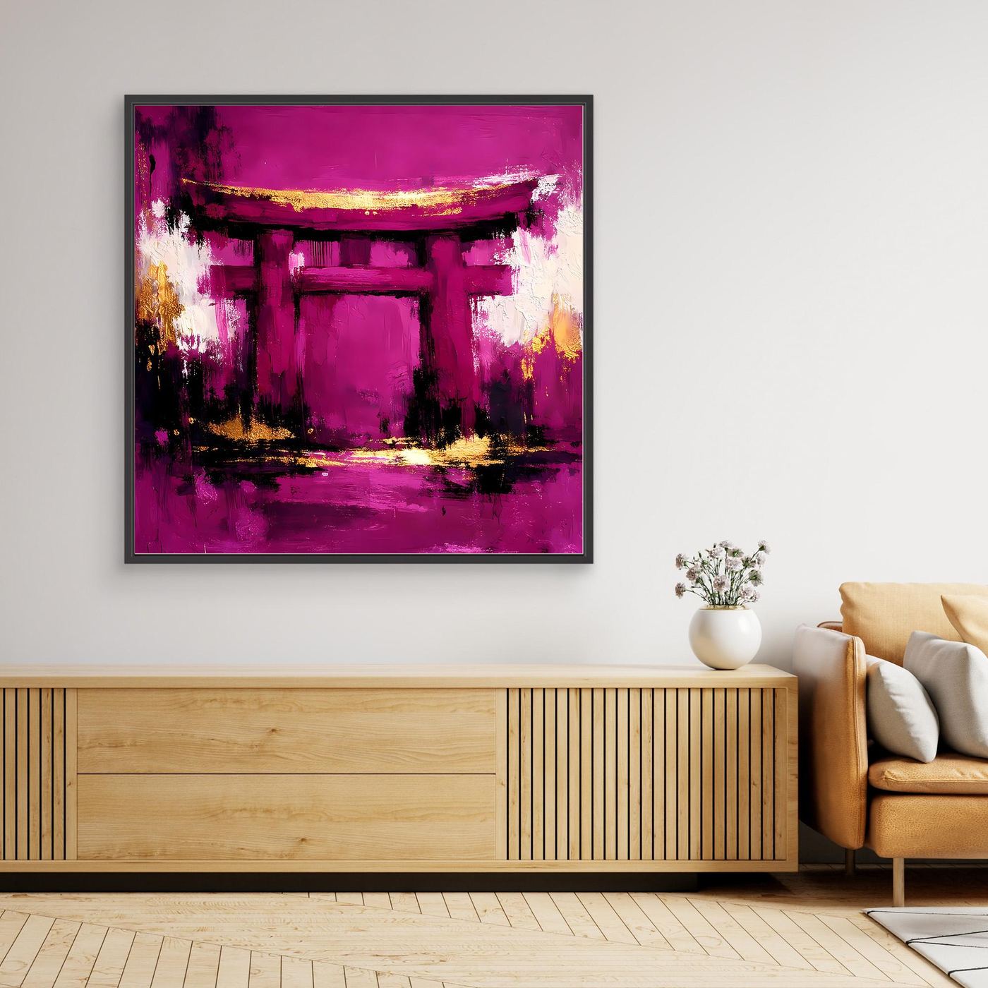 Leinwand Mystisches Torii-Tor in Magenta | Abstraktes Japan Wandbild Moderne Kunst