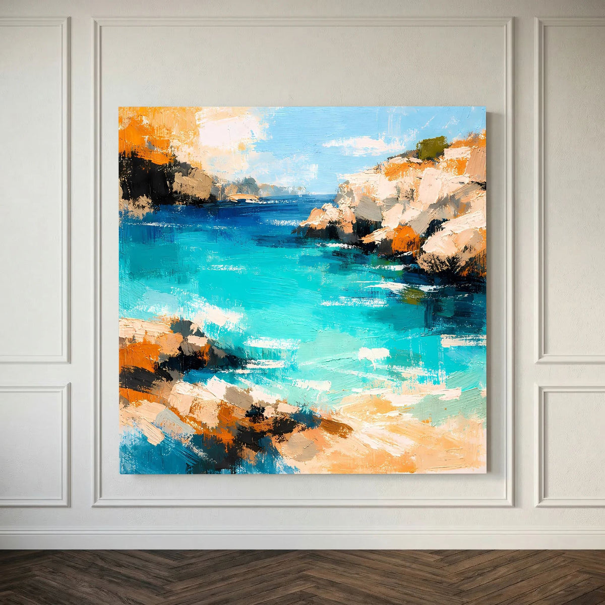 Leinwandbild im Rahmenlook: türkisblaues Meer, orange-weiße Felsen und dunkle Kontraste.