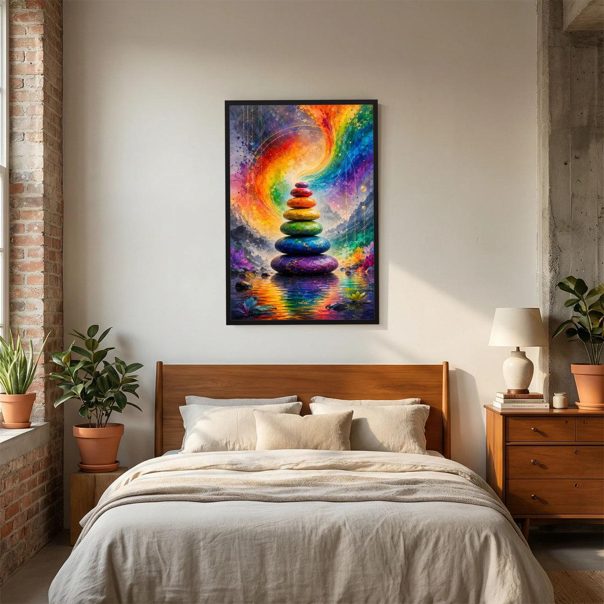 Hochformat-Poster im schwarzen Rahmen im Schlafzimmer, Motiv: Stapel bunter Zen-Steine