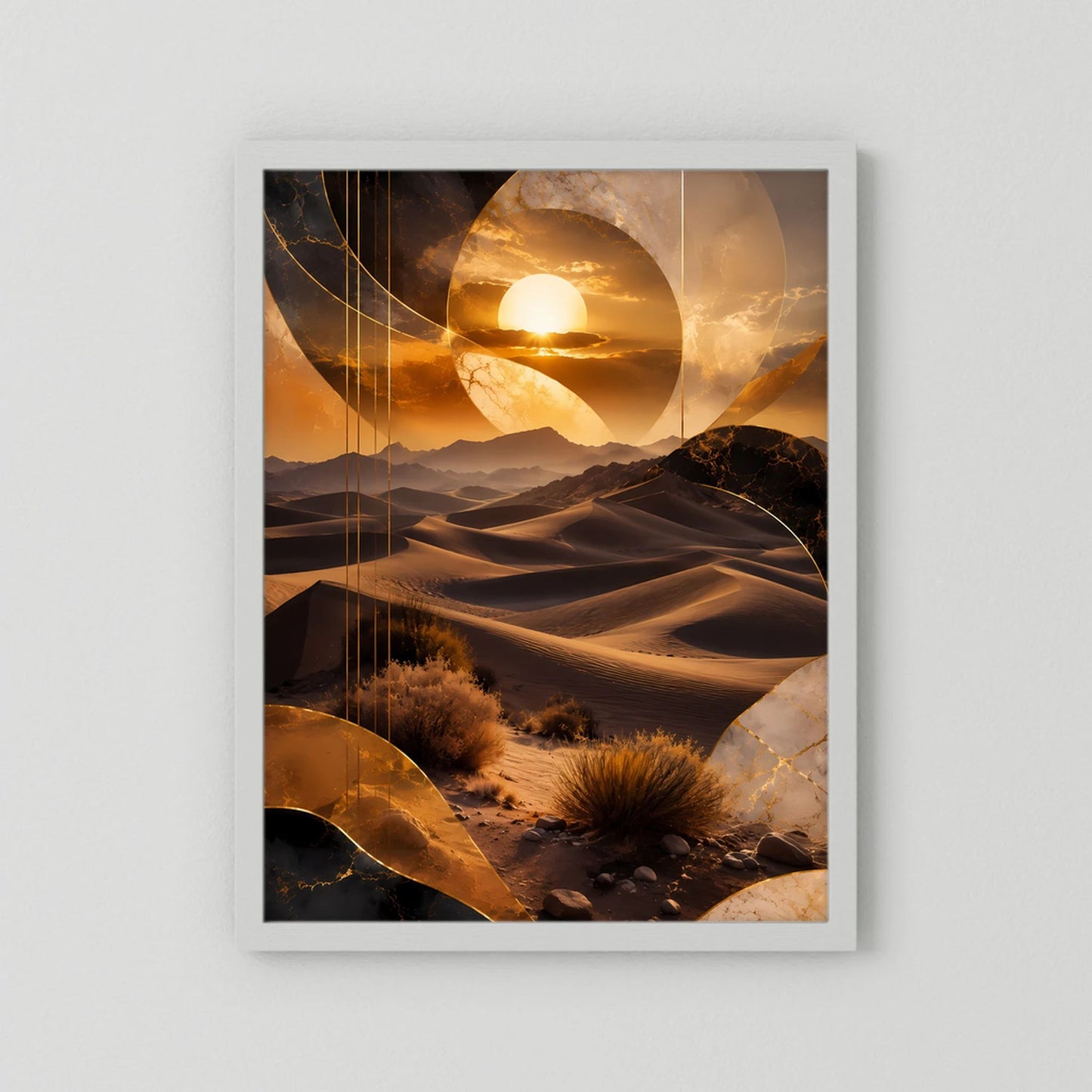 Hochformat-Poster mit goldenem Wüstenbild und Sonnenball, weißer Rahmen