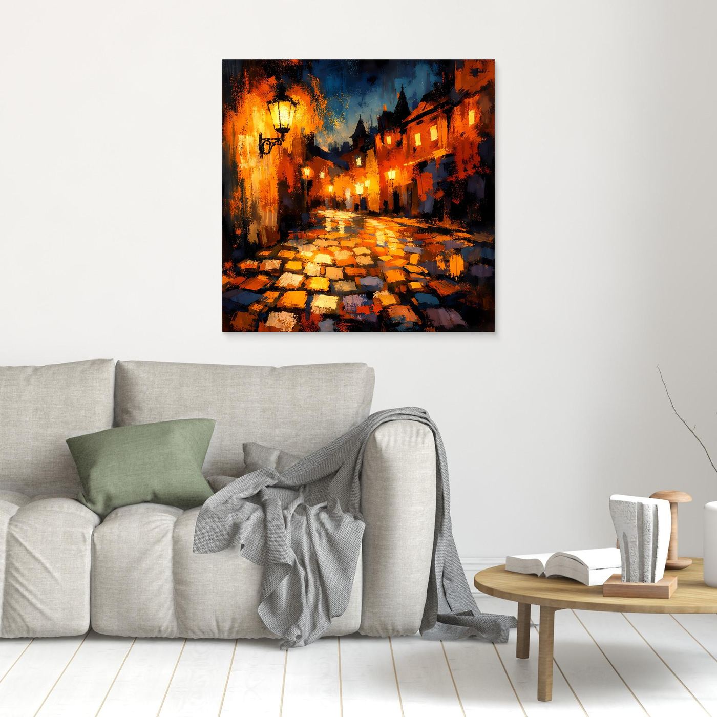 Leinwand Abstraktes Altstadt Gemälde | Modernes Romantisches Gassen Wandbild bei Nacht