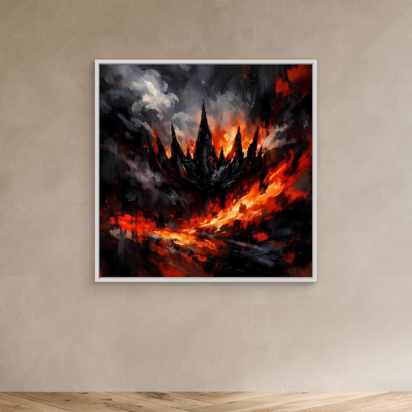 Abstraktes Fantasy-Wandbild mit weißem Rahmen: rote Feuer- und Rauchspuren