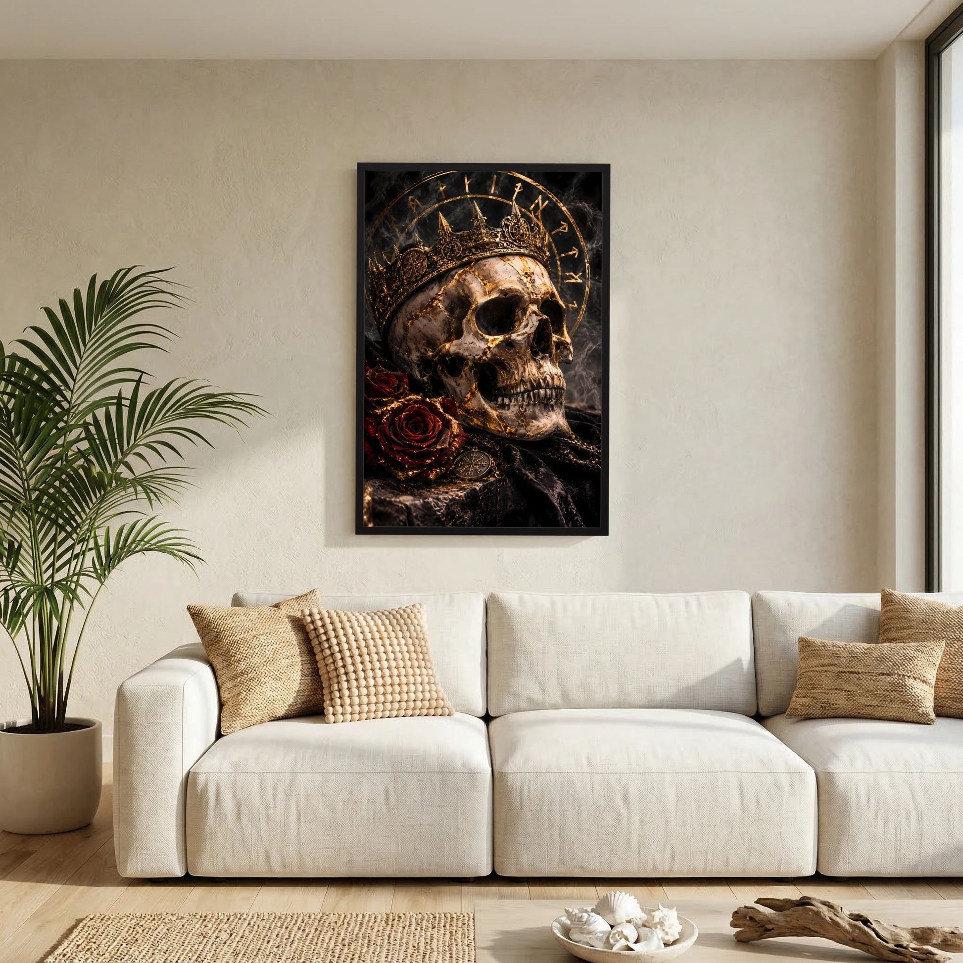 Hochformat-Poster mit Totenkopf, goldener Krone, roter Rose und Runenkreis, schwarz gerahmt
