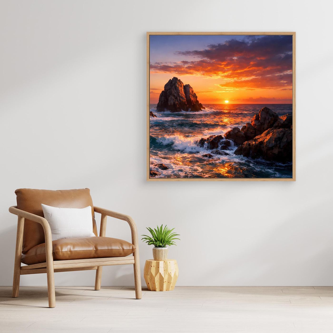 Gerahmtes Wandbild auf Leinwand: Sonnenuntergang über dem Meer mit Felsenklippe