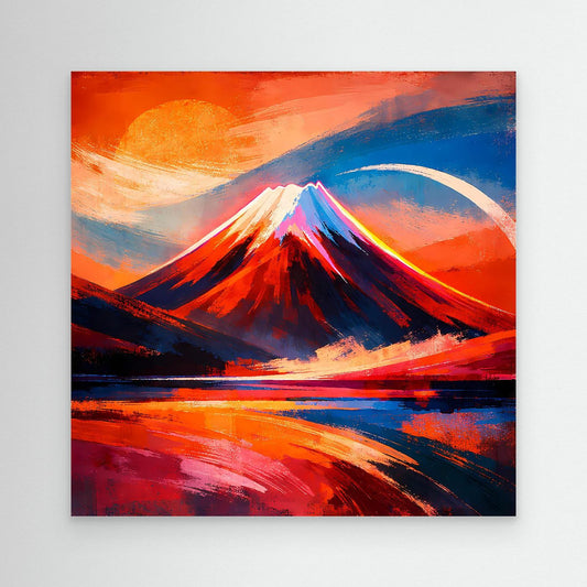 Abstraktes Leinwandbild mit Bergmotiv, kräftigen Rot- und Blautönen, Sonnenuntergangsstimmung