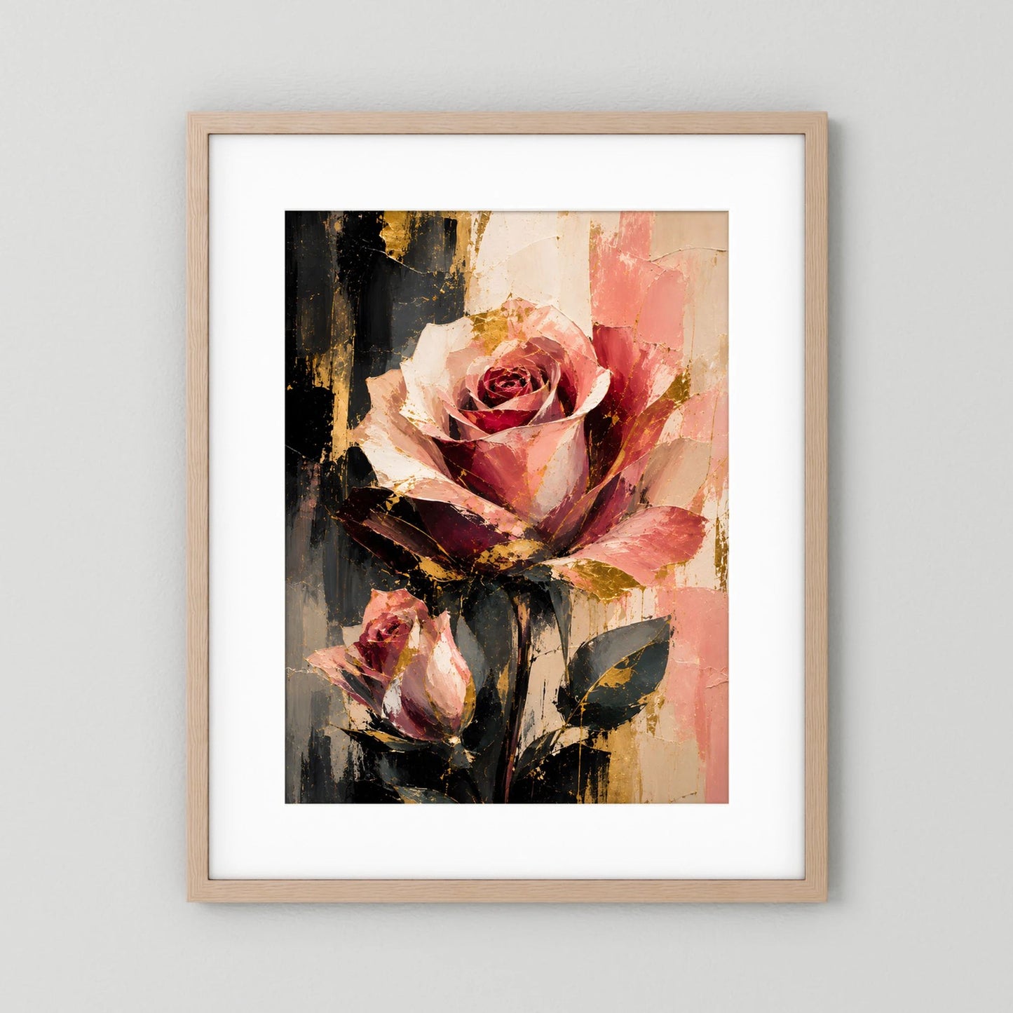 Blumenposter mit abstrakter Rose in Rosé und Gold, Holzrahmen mit weißem Passepartout.