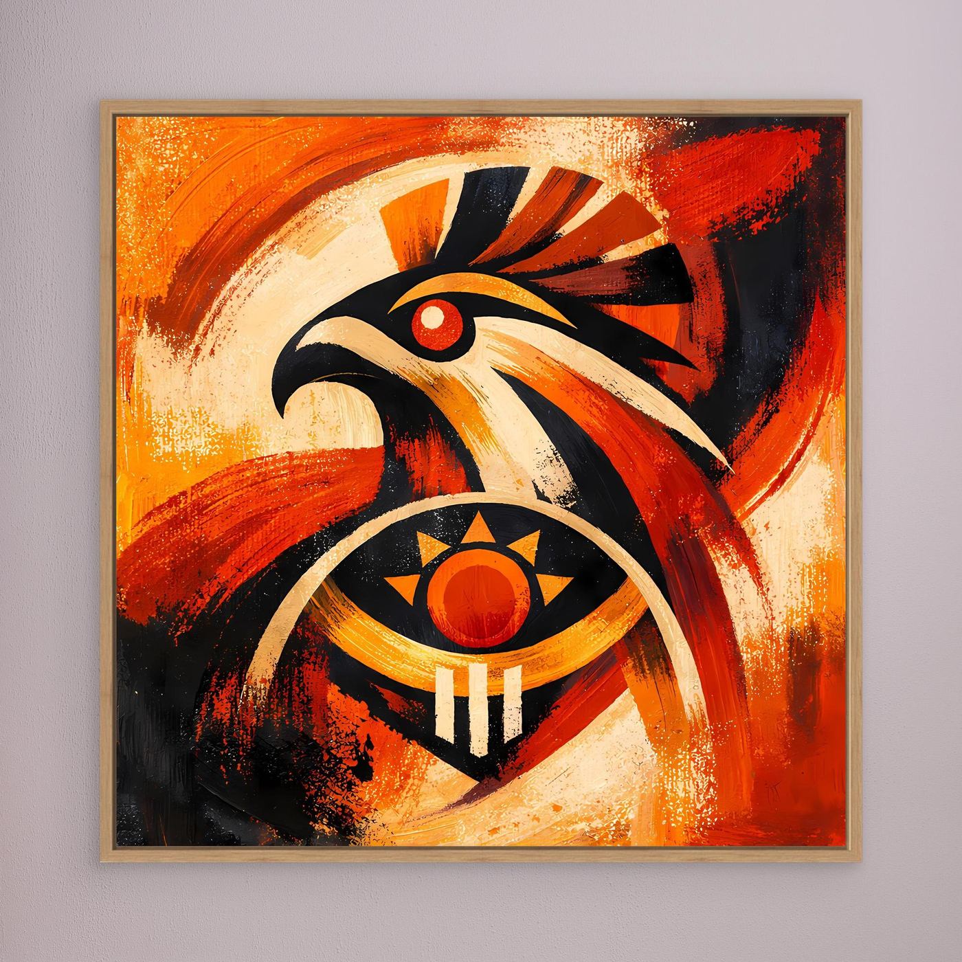 Wandbild mit abstraktem Falken- und Adler-Sonnensymbol, hellbraun gerahmt, rot-orange