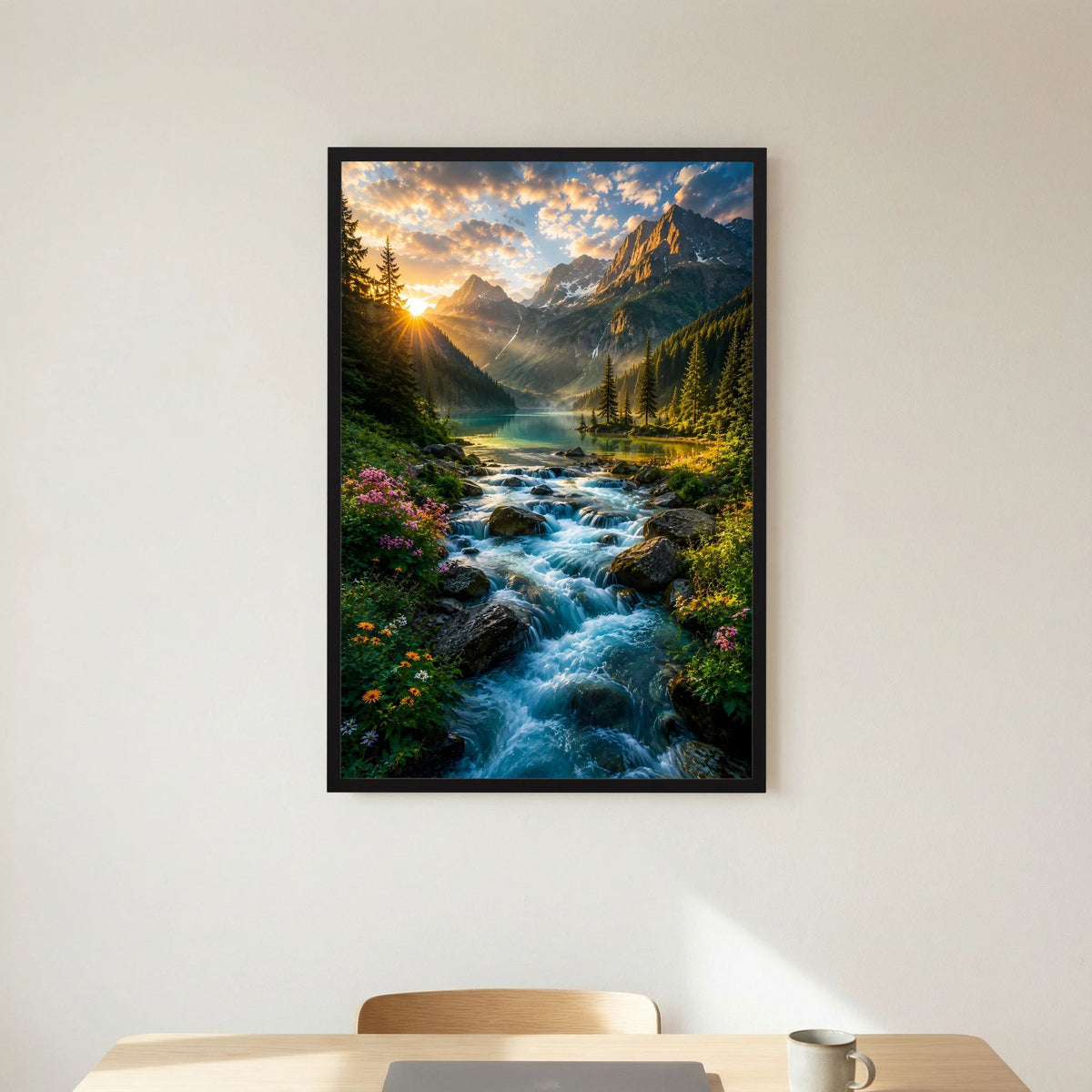 Hochformat-Poster im schwarzen Rahmen mit fließendem Gebirgsbach und Berglandschaft