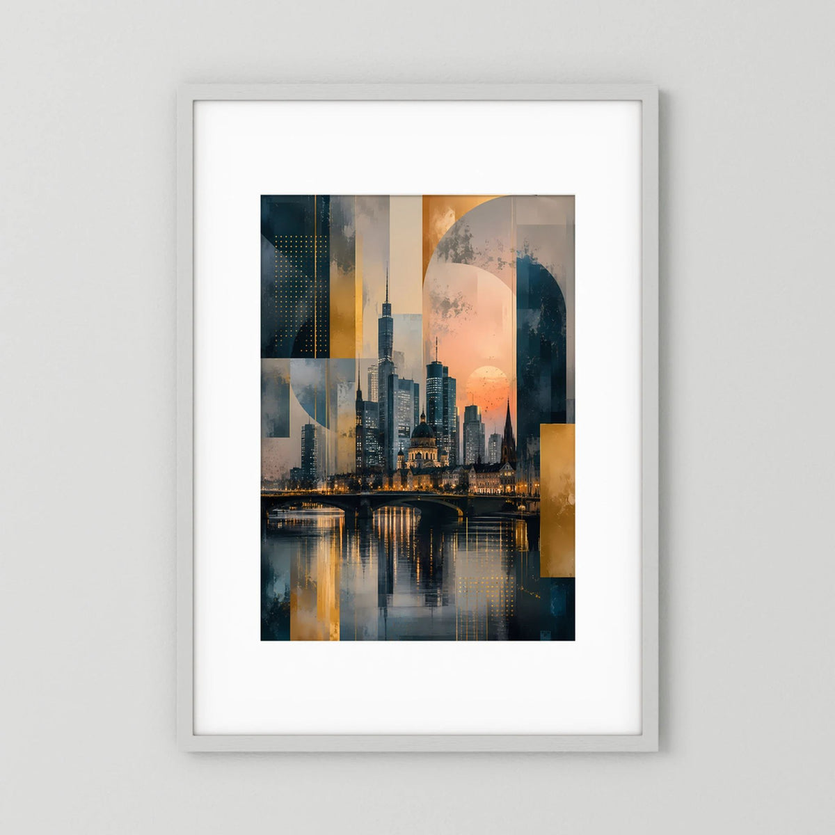 Hochformat-Poster mit abstrakter Skyline am Fluss in Gold und Petrol, gerahmt