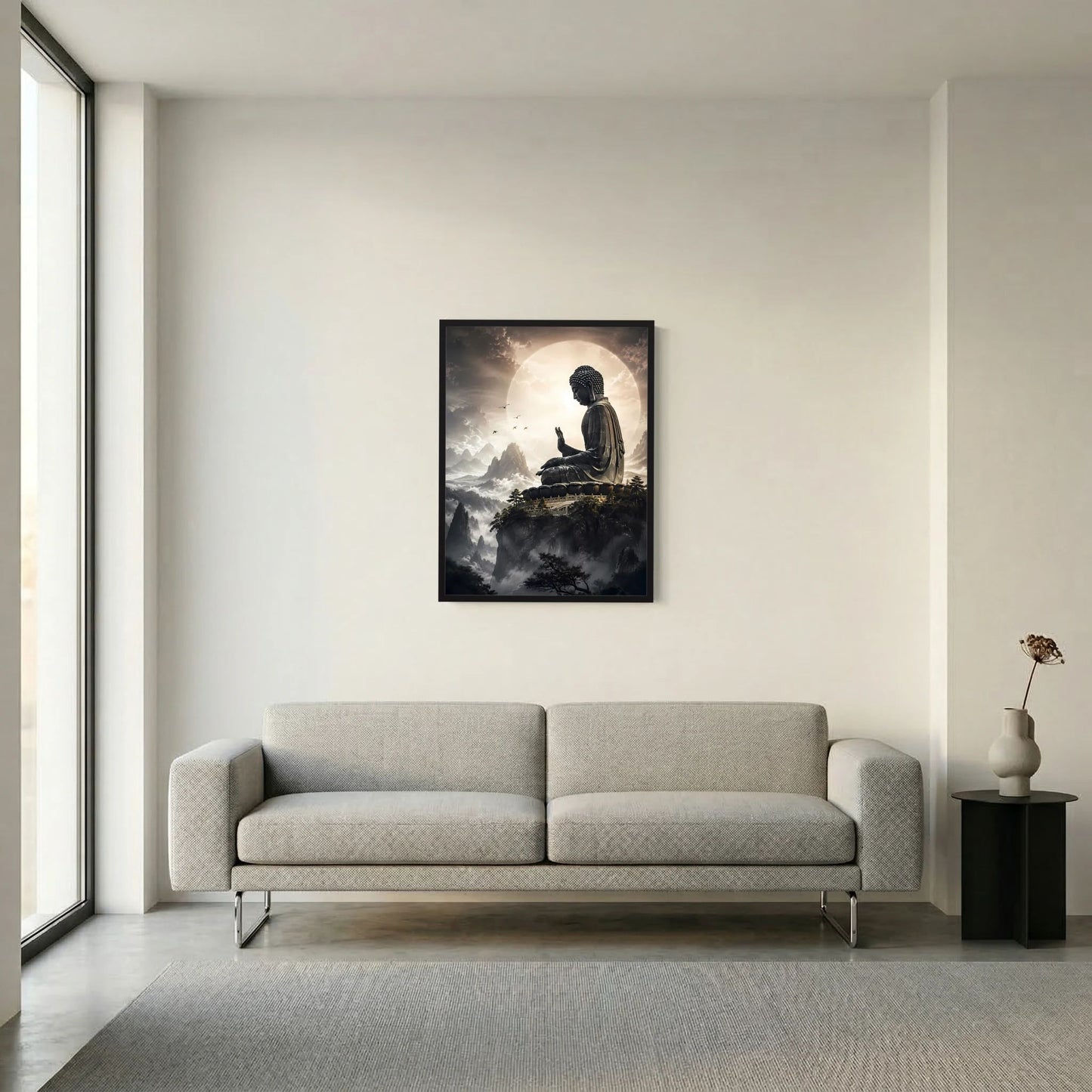 Poster mit sitzendem Buddha über Wolken, schwarz gerahmt, Hochformat