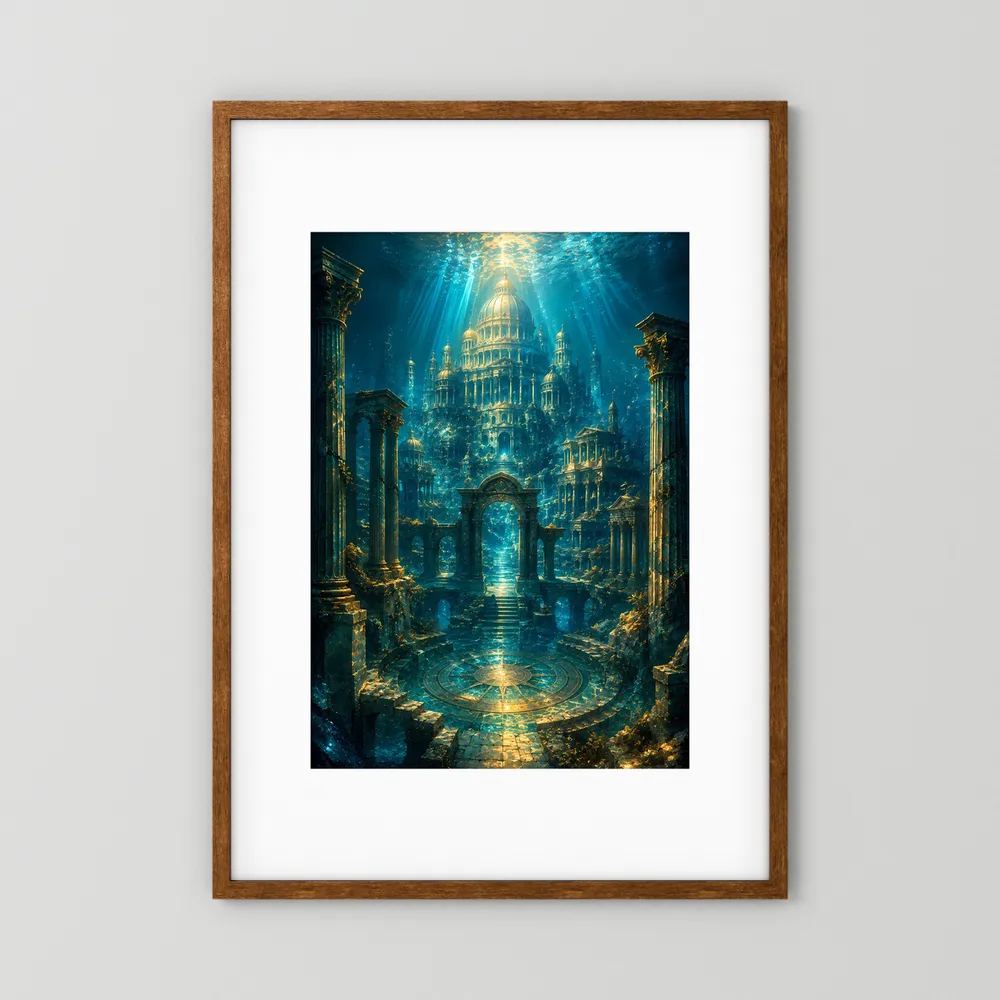 Poster im Hochformat: versunkener Tempel unter Wasser, türkis-blaue Säulen, goldenes Licht.
