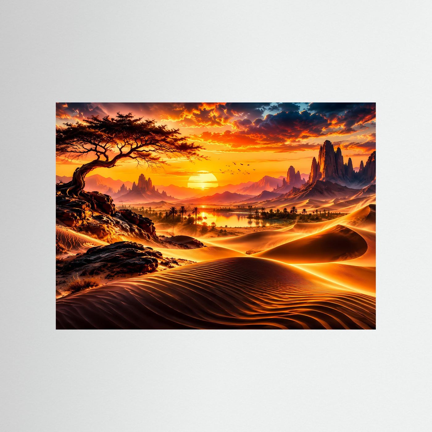 Goldene Wüste bei Sonnenuntergang | Oase & Dünen Landschaft Wandkunst