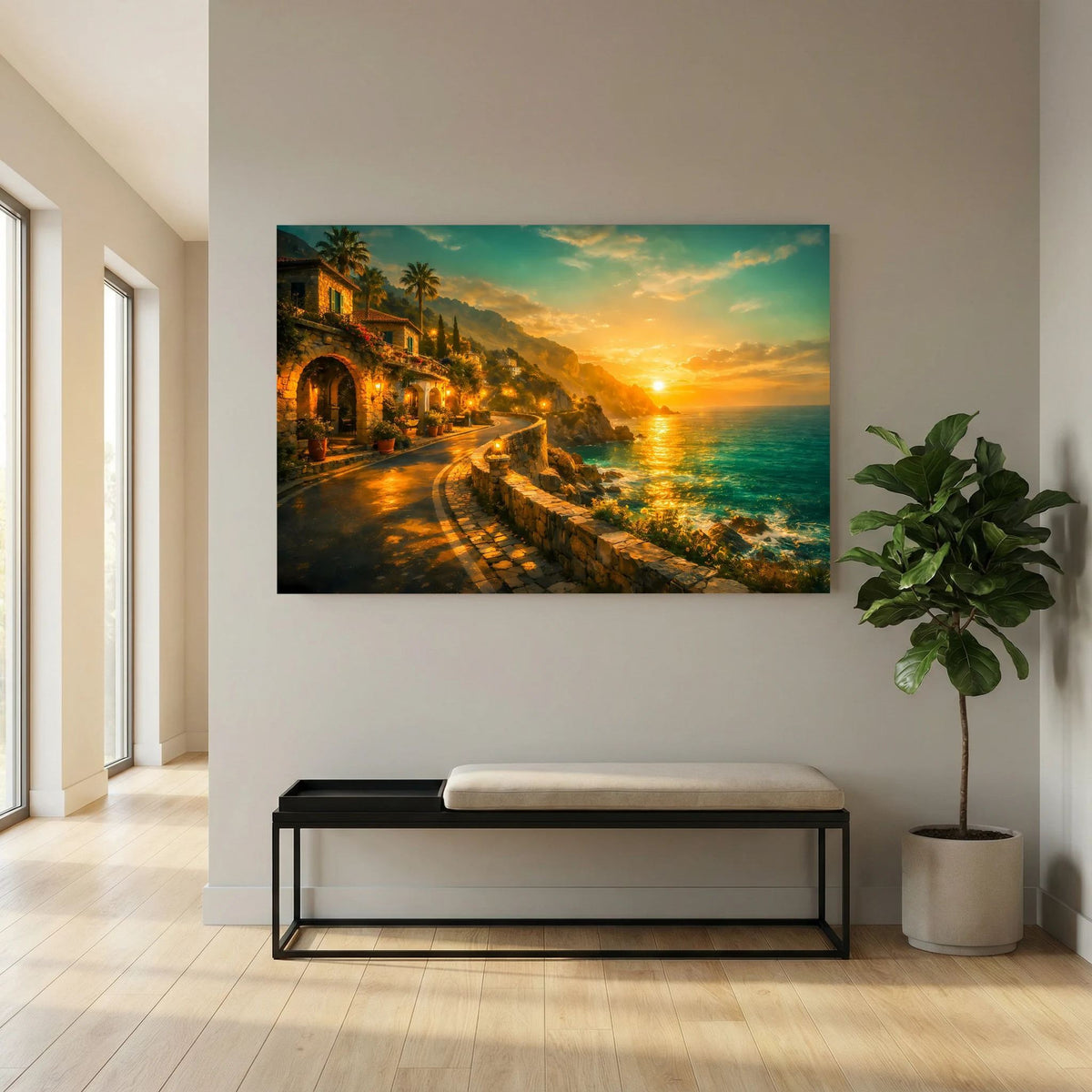 Wandbild im Querformat mit Küstenpromenade bei goldenem Sonnenuntergang