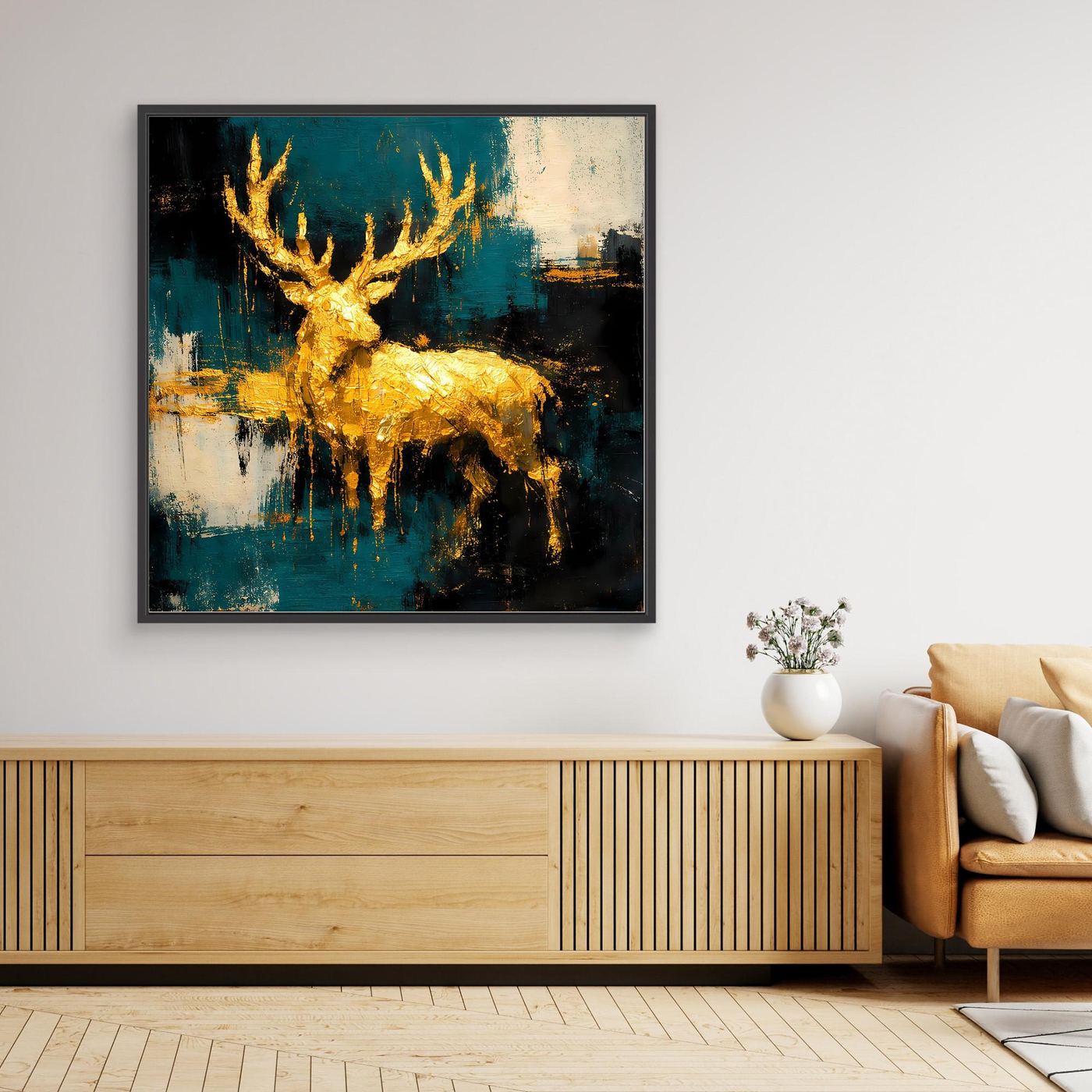Leinwand Goldener Hirsch in abstrakter Landschaft | Modernes Edel-Tier Wandbild