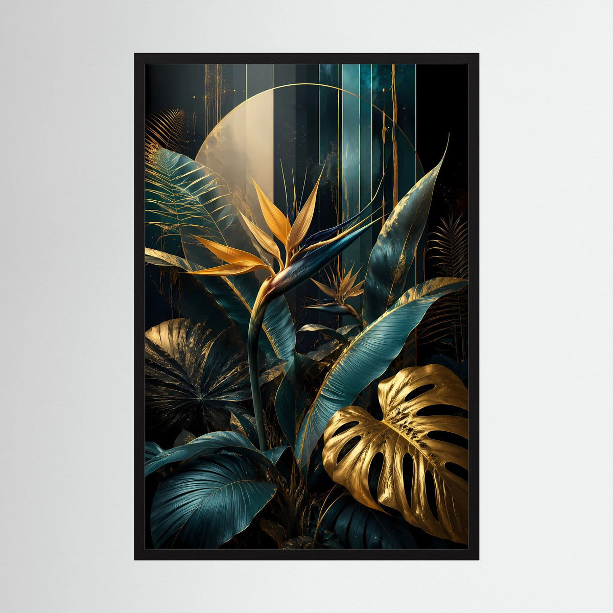 Gerahmtes Poster: tropische Blätter in Petrol und Gold, schwarze Rahmung