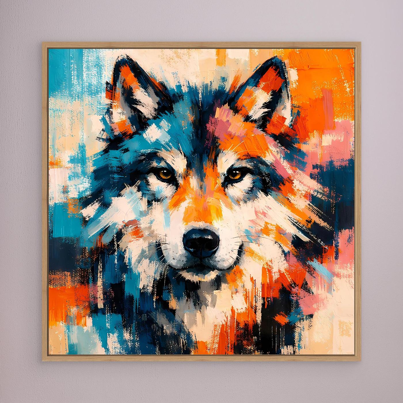 Framed abstract wolf face canvas print with colorful blue and orange strokes