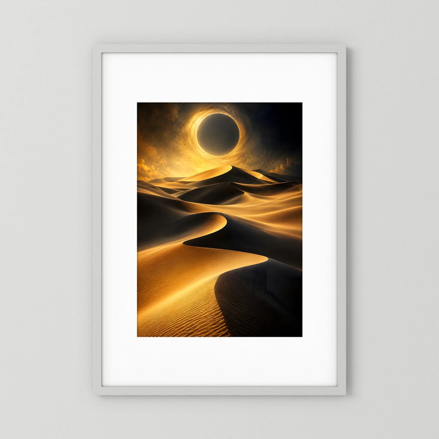 Hochformatiges Kunstposter mit Wüstenlandschaft, Sonnenfinsternis in Schwarz und Gold