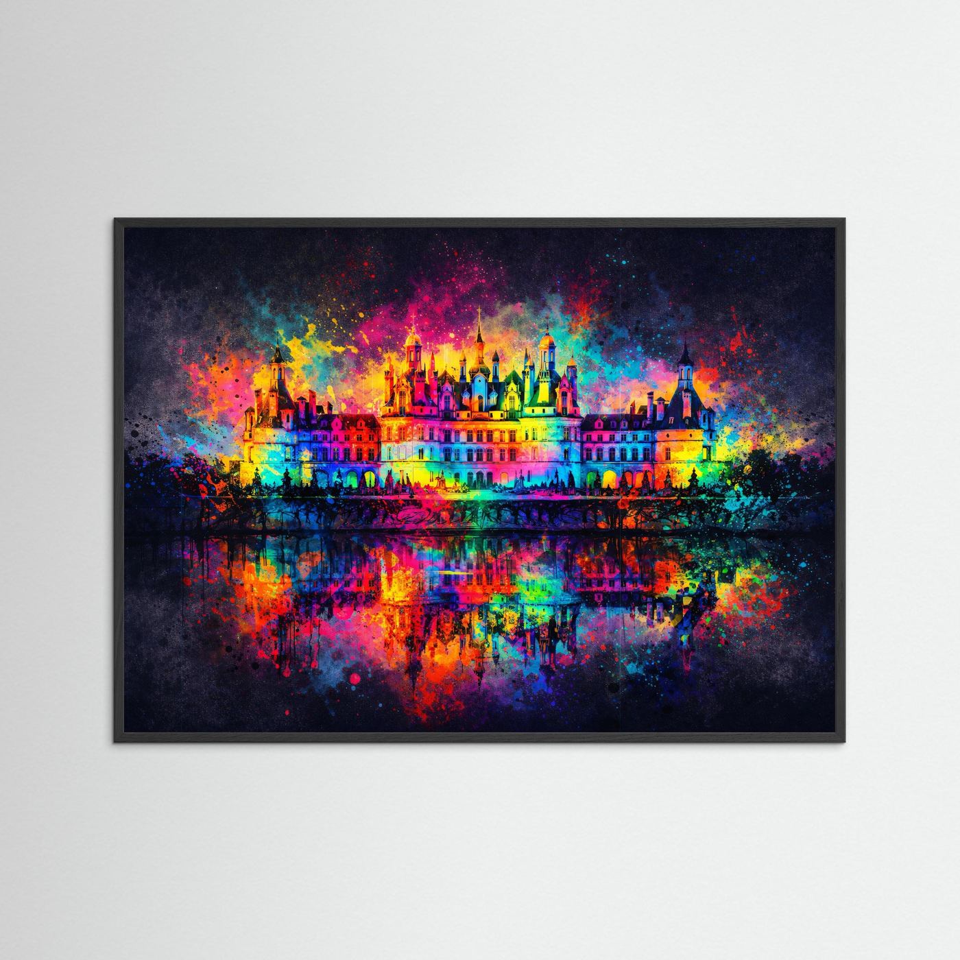 Prachtvolles Schloss mit Wasserspiegelung im Farbexplosion-Stil | Abstrakte Kunst Poster Querformat