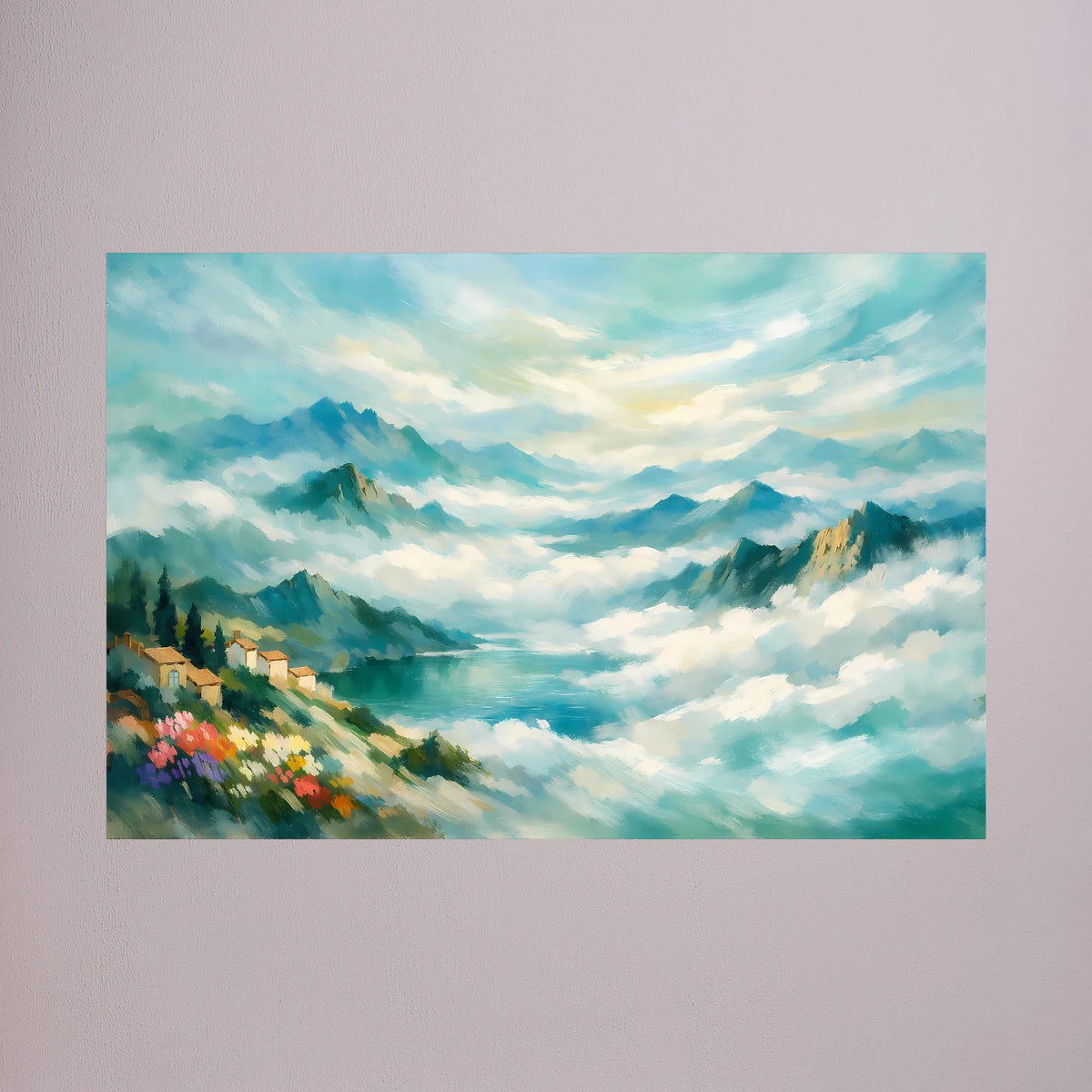 Wandbild Querformat mit bergiger Landschaft im Nebel und blaugrünen Farbtönen