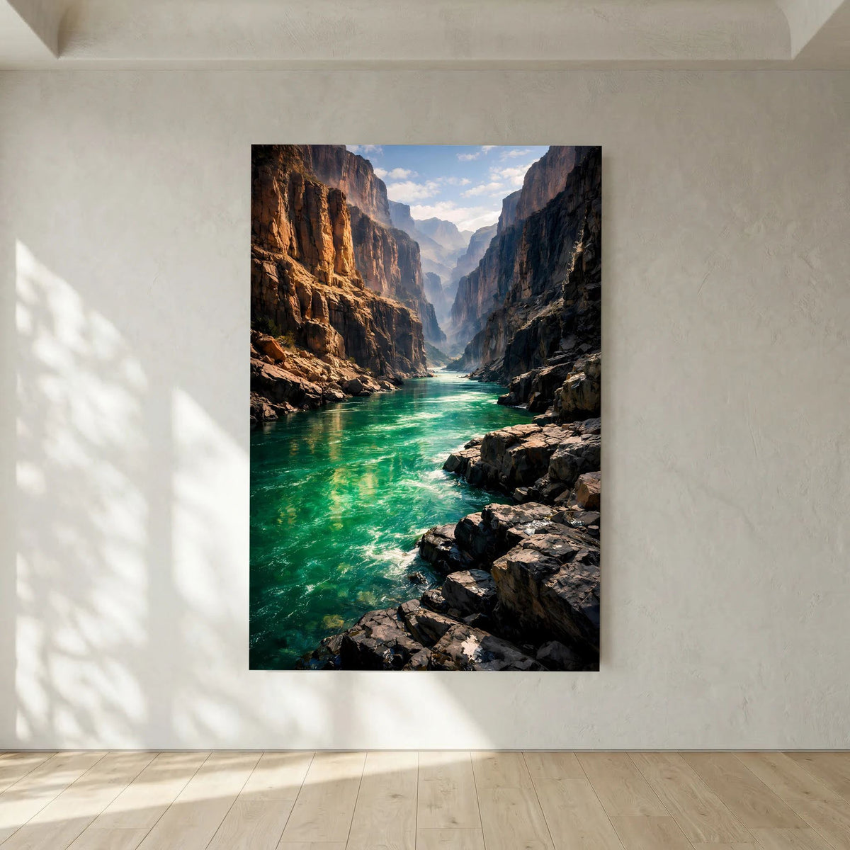 Wandbild: Canyon mit türkisgrünem Fluss, Felsriffen im Vordergrund, Hochformat