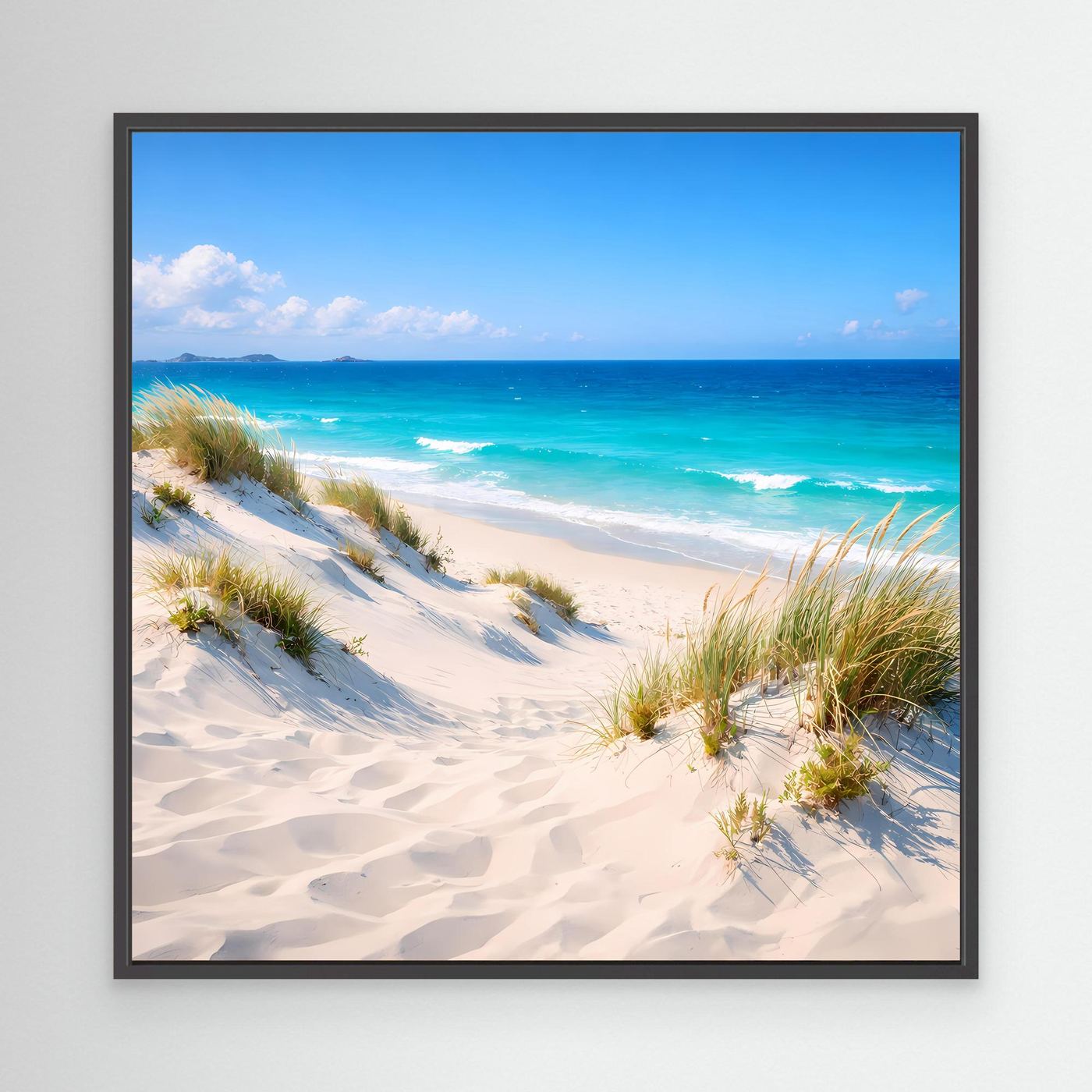 Leinwandbild mit Dünenlandschaft am Strand, türkisfarbenes Meer und hellem Sand, schwarzer Rahmen