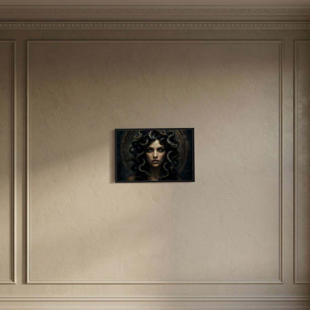 Gerahmtes Querformat-Poster mit Medusa-Porträt: Frau mit schwarzer Lockenmähne und goldenen Akzenten