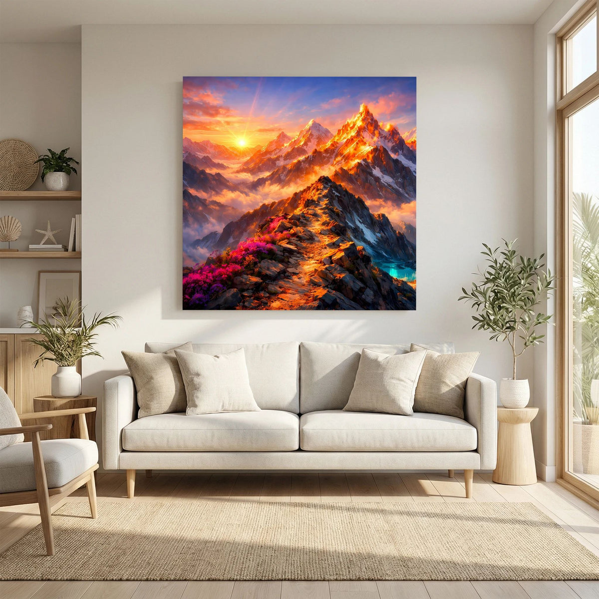 Leinwandbild Sonnenuntergang im Gebirge auf Holzkeilrahmen, mittig an der Wand
