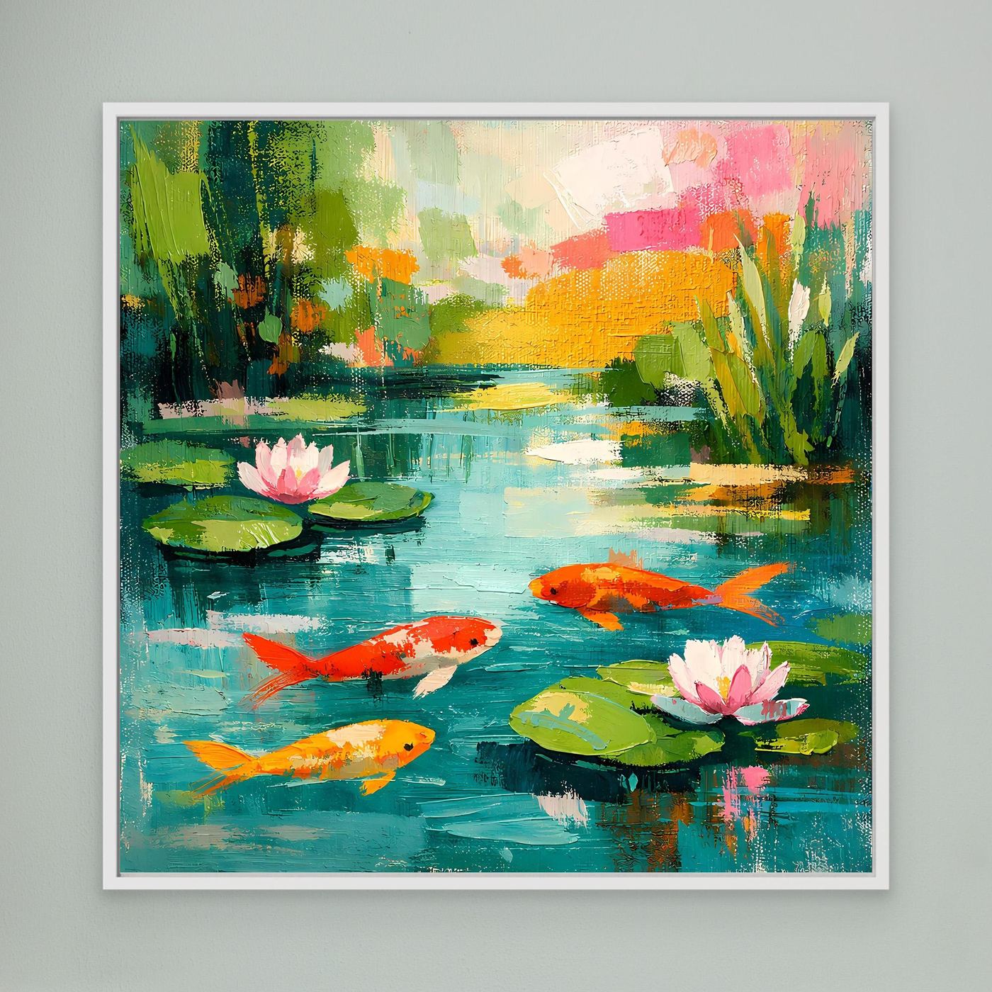 Framed koi pond wall art with lily pads, pink lotus flowers, and orange koi fish.