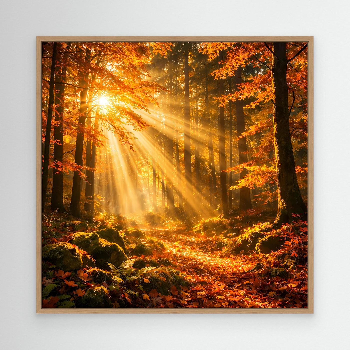 Leinwandbild Herbstwald-Motiv im Eichenrahmen mit Sonnenstrahlen durch Bäume