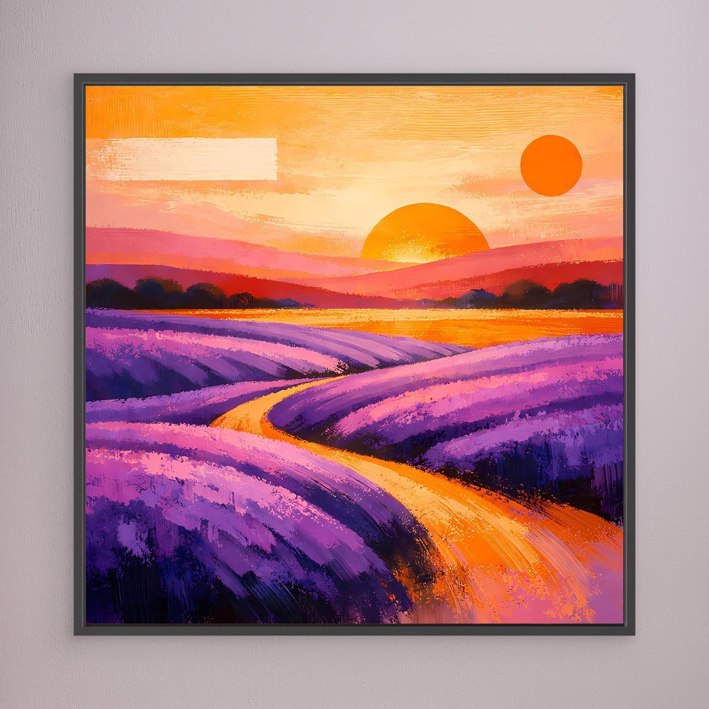 Leinwandbild mit Lavendelfeld-Illustration, dunkel gerahmt; violette Landschaft mit Sonne