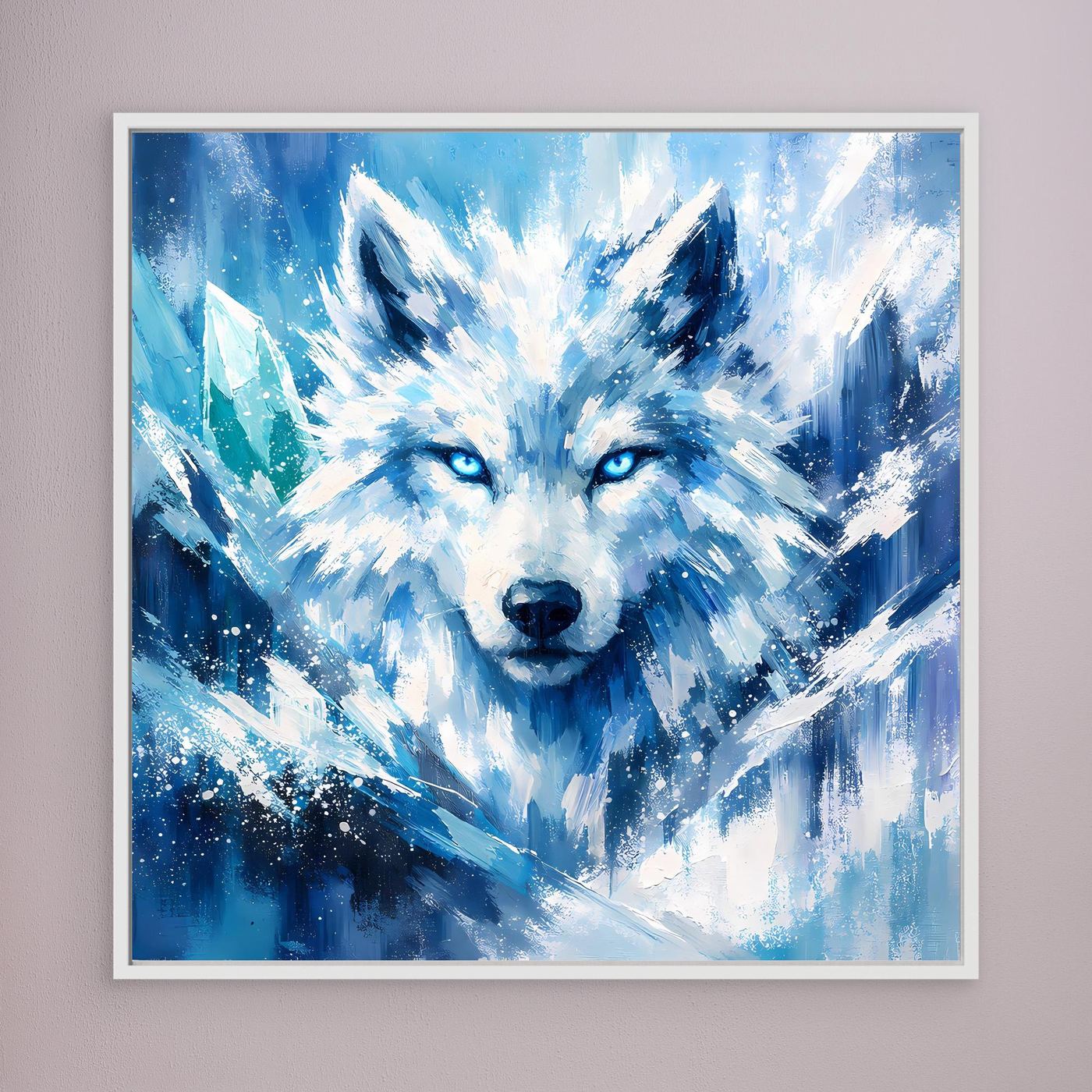 Leinwand-Wandbild mit blauem Eiswolf im Blizzard, weißer Rahmen