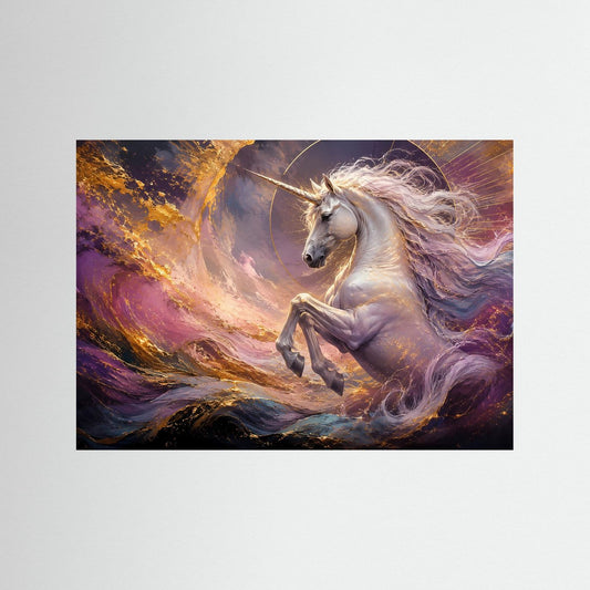 Fantasy-Poster: silbernes Einhorn im Galopp, mystischer Nebel, Querformat
