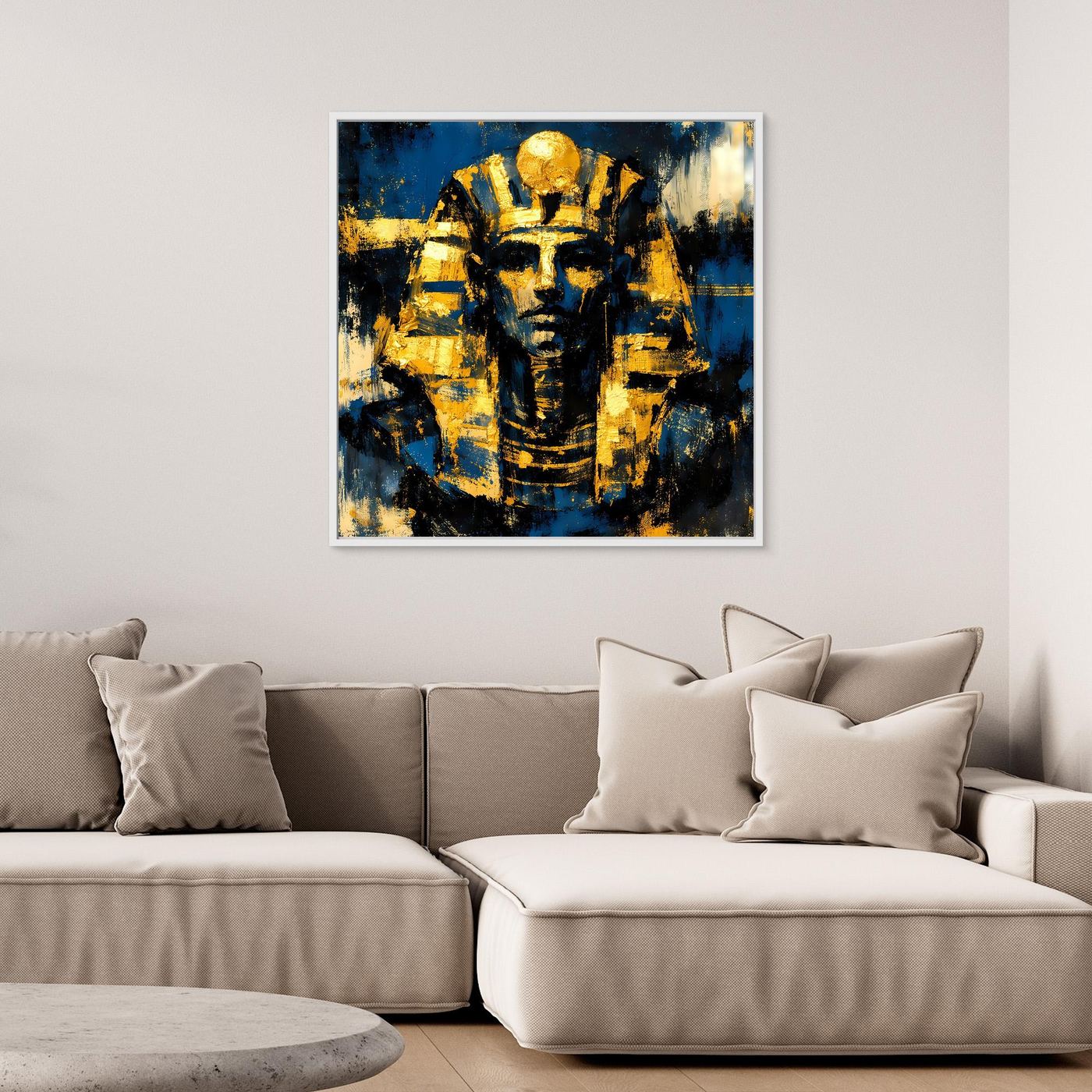 Ägyptisches Leinwandwandbild mit weißem Rahmen und Tutanchamun-Porträt in Blau und Gold