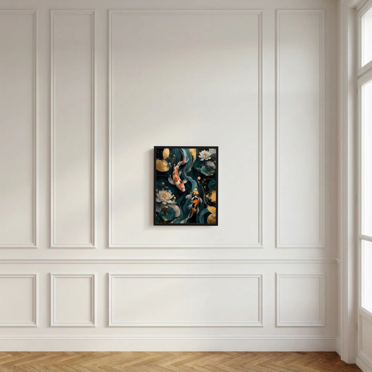 Schwarz gerahmtes Poster im Hochformat mit Koi-Fischen und Lotusblüten in Petrol und Gold